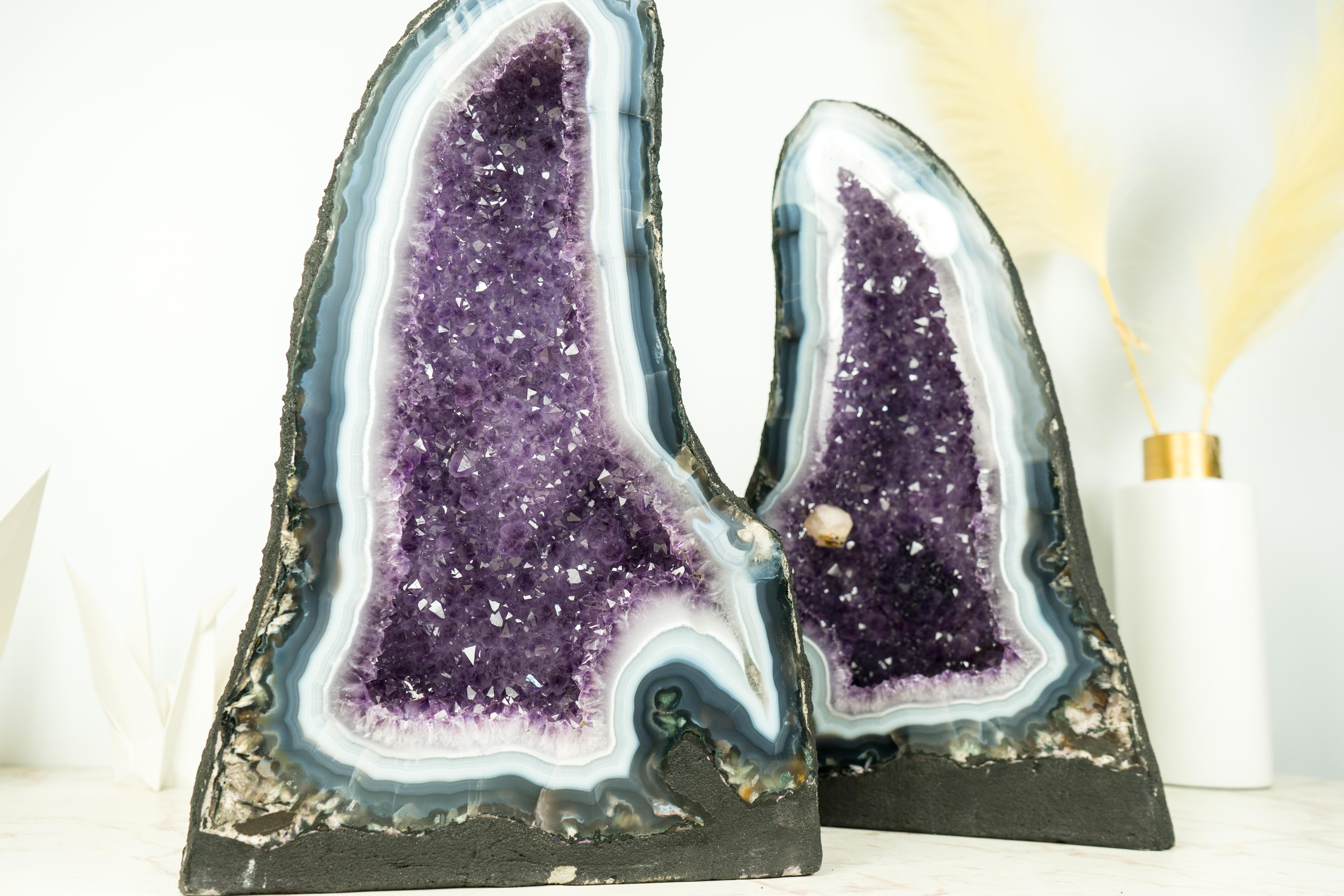 Pair of Bookmatching Natural Agate Geode Cathedrals with White & Blue Laces For Sale 2