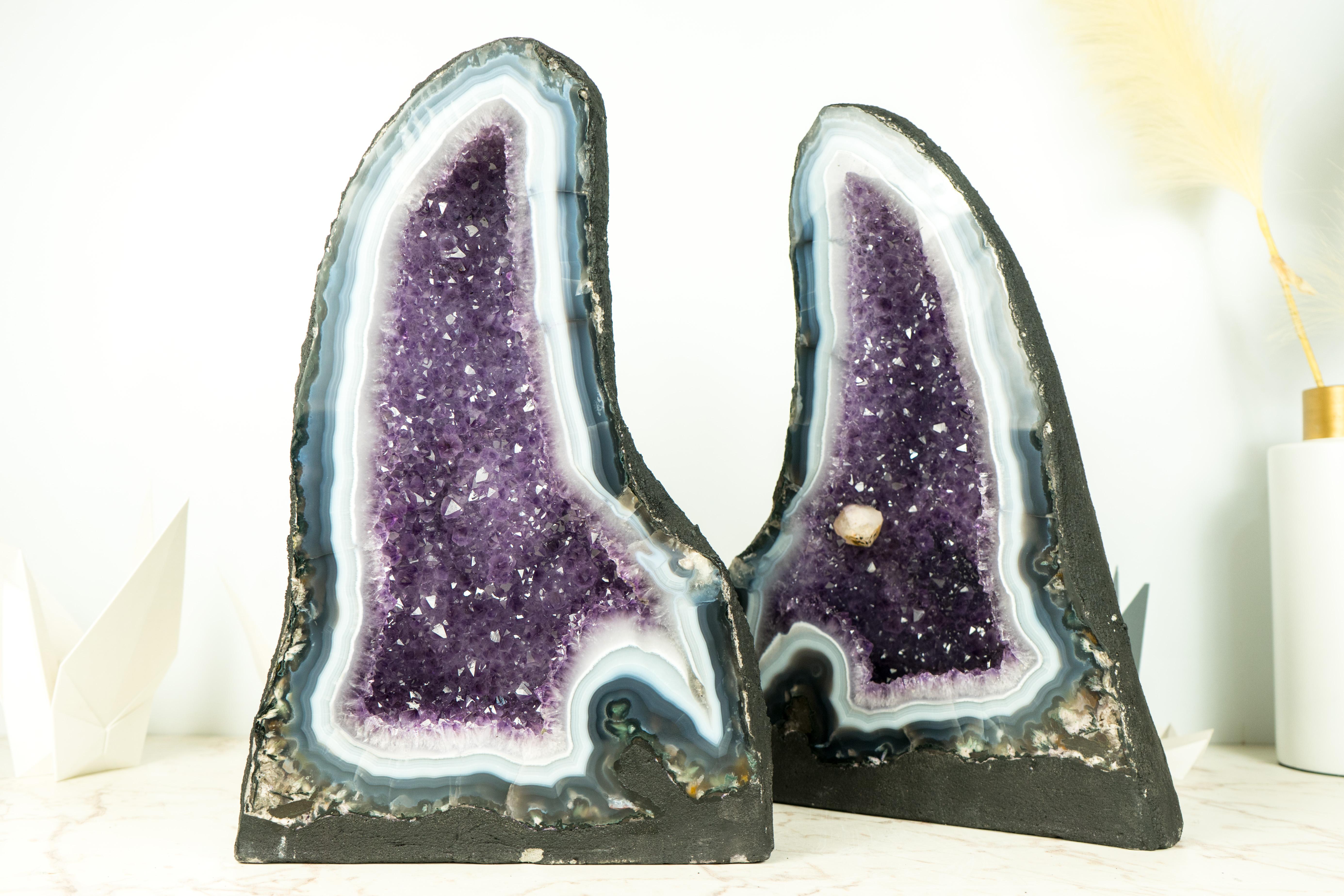 Pair of Bookmatching Natural Agate Geode Cathedrals with White & Blue Laces For Sale 3