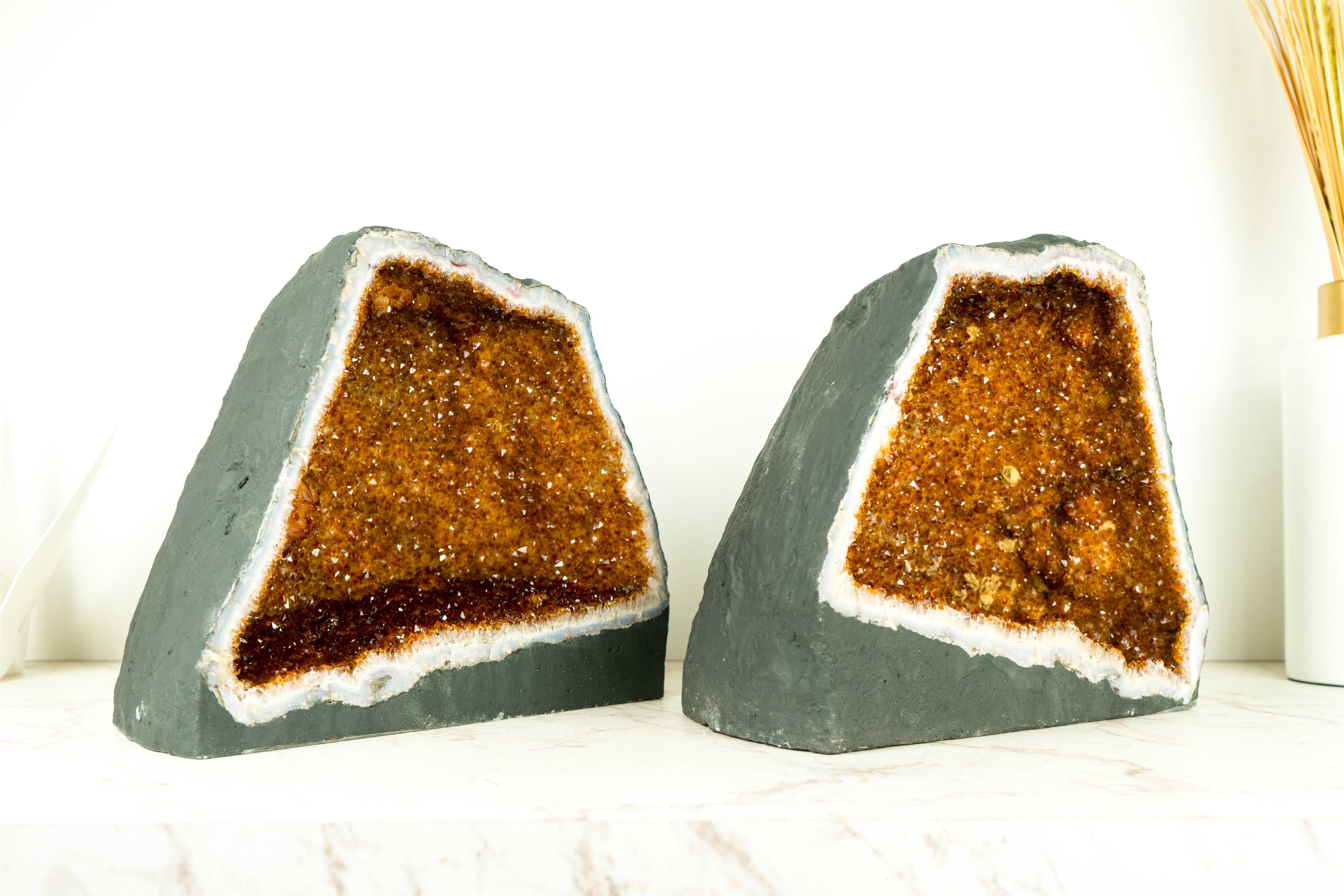 Agate Pair of Bookmatching Natural Citrine Geodes wit Top-Grade Saturated Orange For Sale