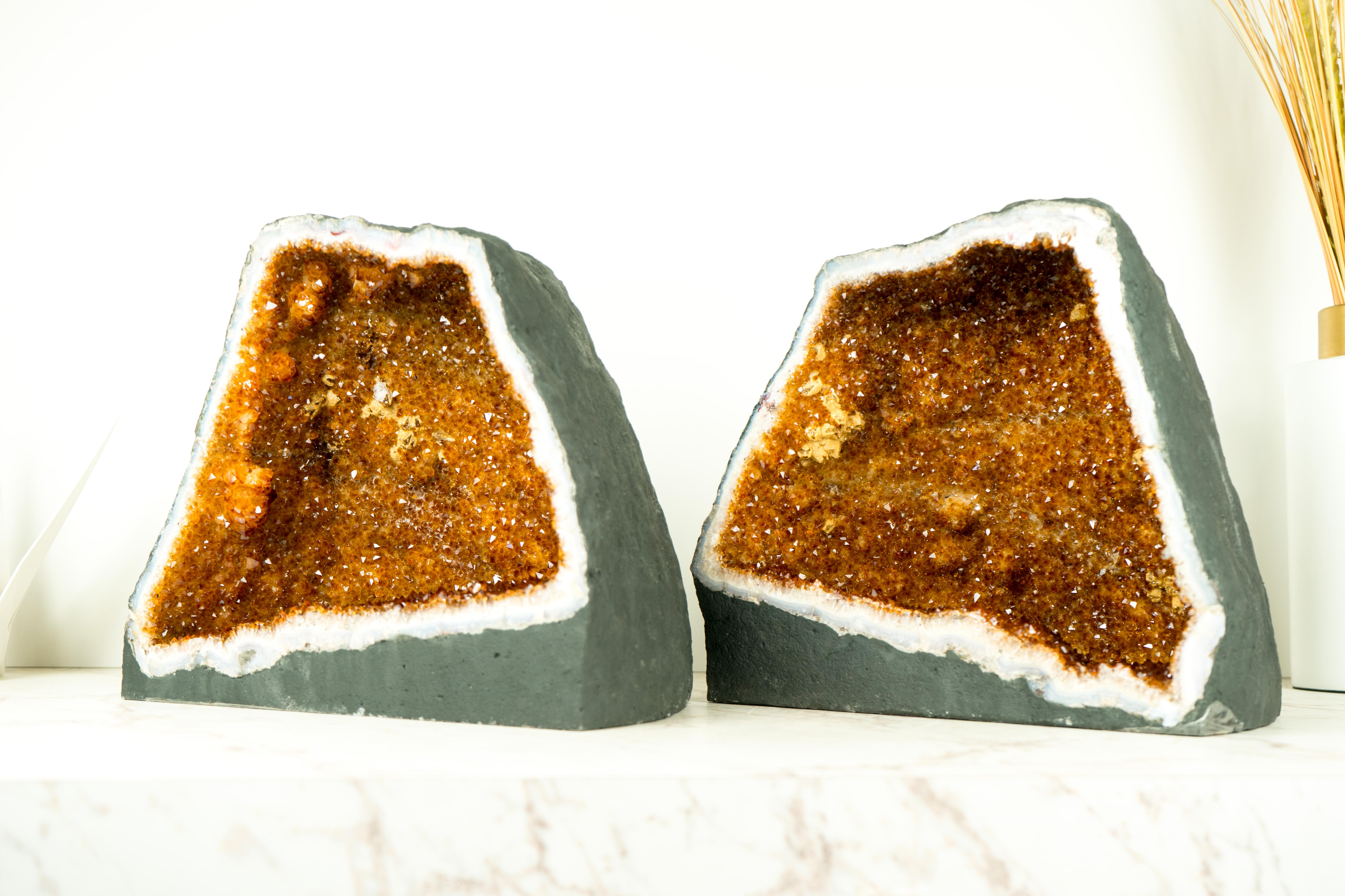 Pair of Bookmatching Natural Citrine Geodes wit Top-Grade Saturated Orange For Sale 1
