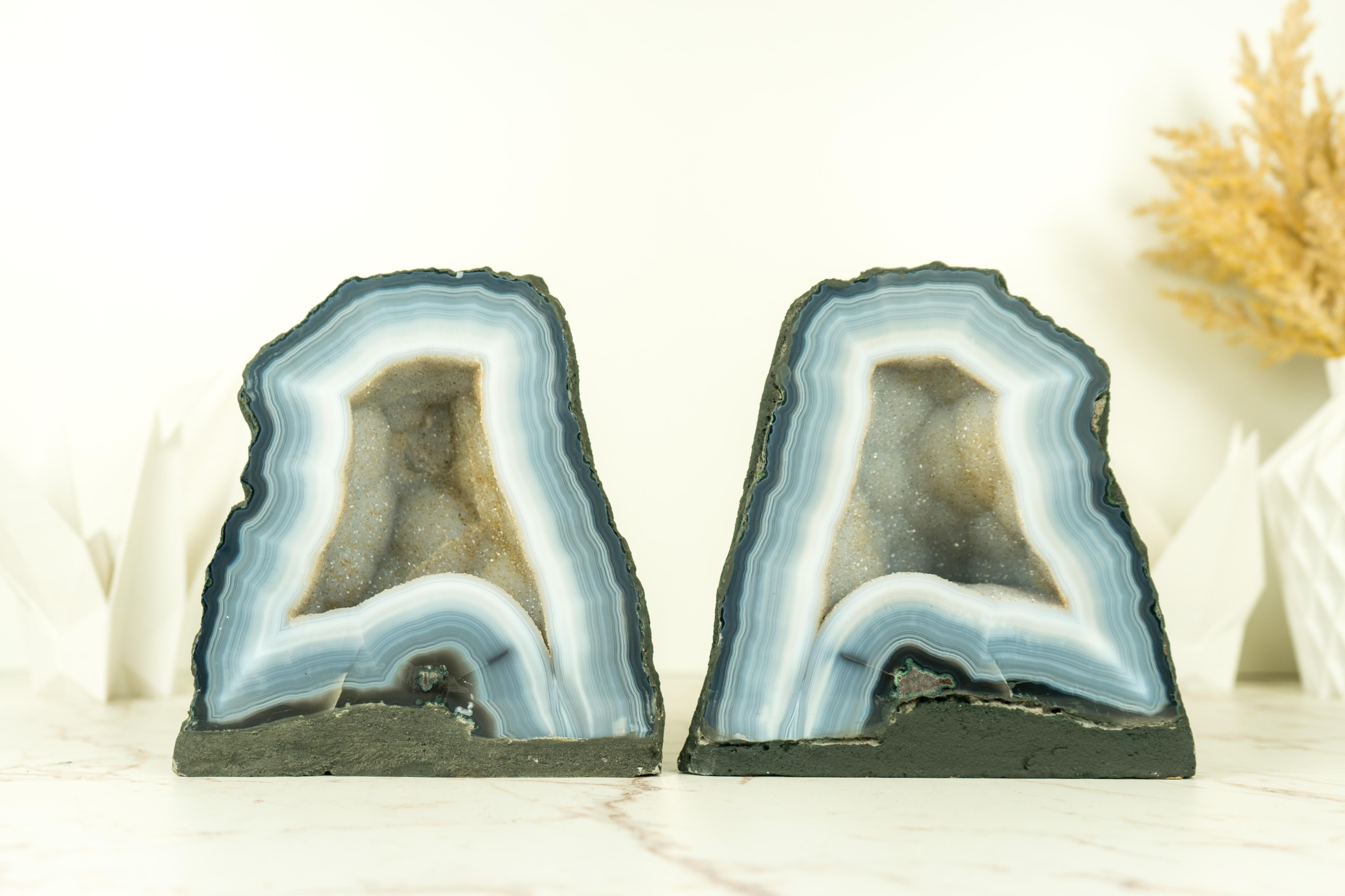 Pair of Bookmatching Small Blue Lace Agate Geode Cave with White Galaxy Druzy  For Sale 5