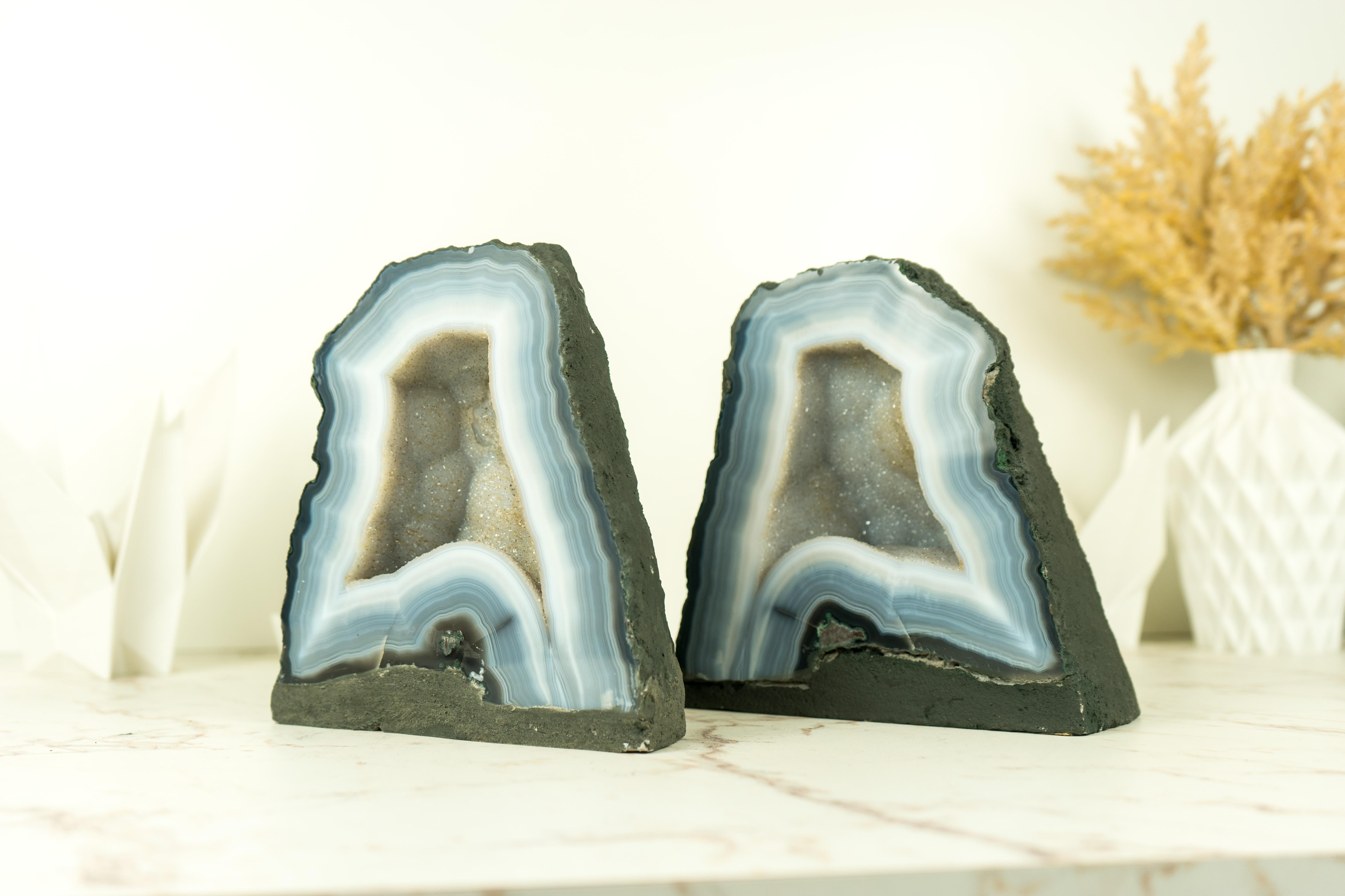 Pair of Bookmatching Small Blue Lace Agate Geode Cave with White Galaxy Druzy  For Sale 6