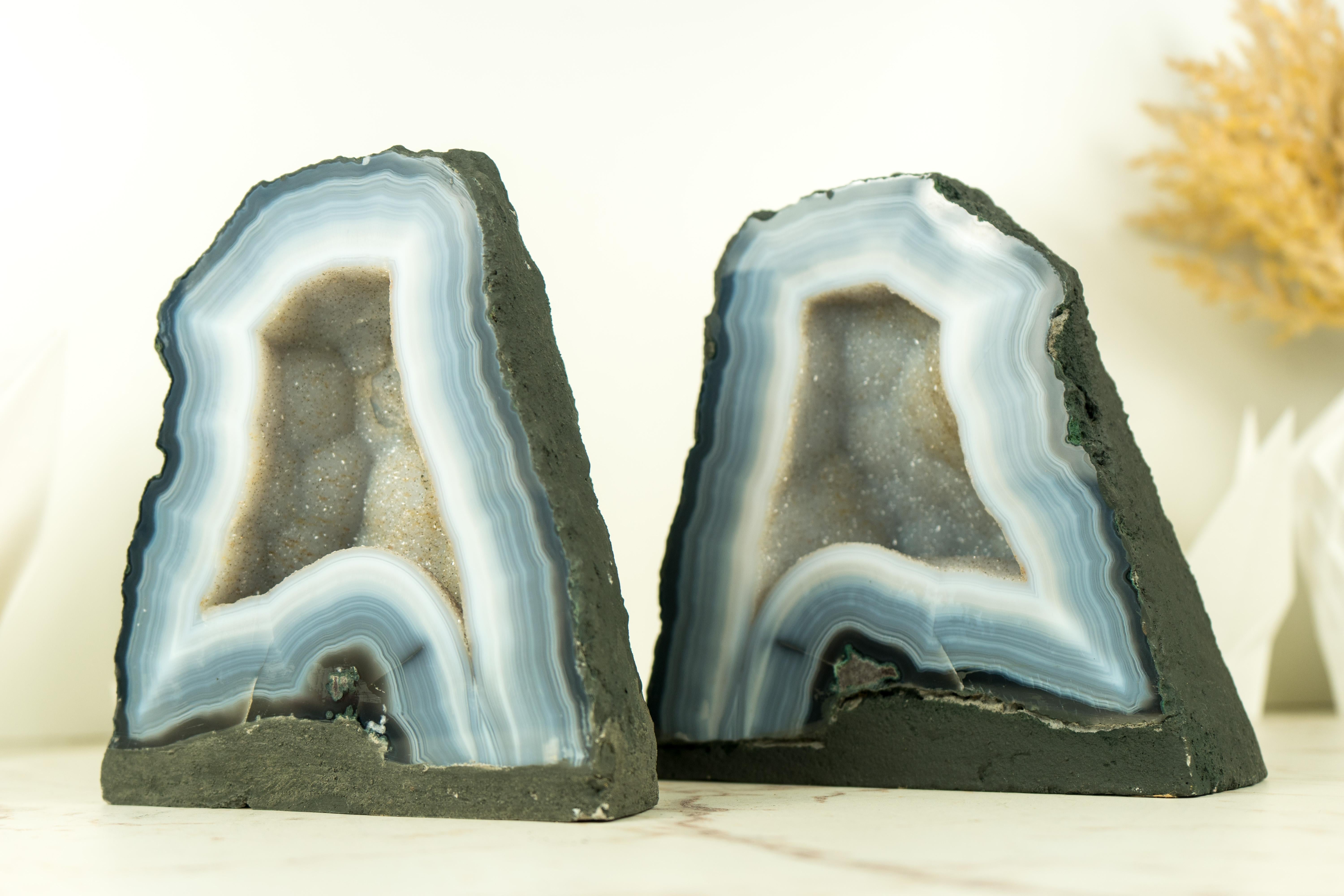 Pair of Bookmatching Small Blue Lace Agate Geode Cave with White Galaxy Druzy  For Sale 7