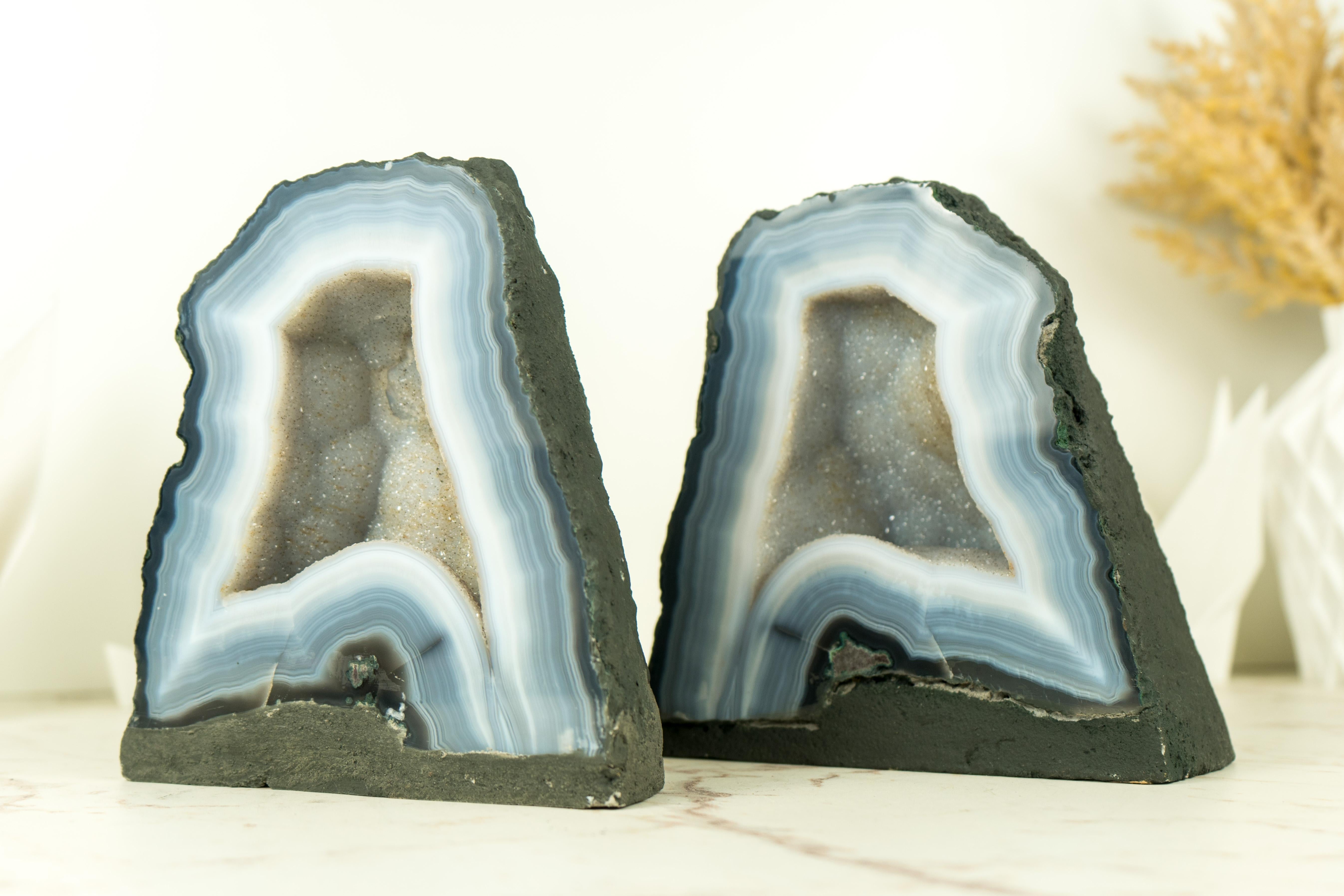 Pair of Bookmatching Small Blue Lace Agate Geode Cave with White Galaxy Druzy  For Sale 8
