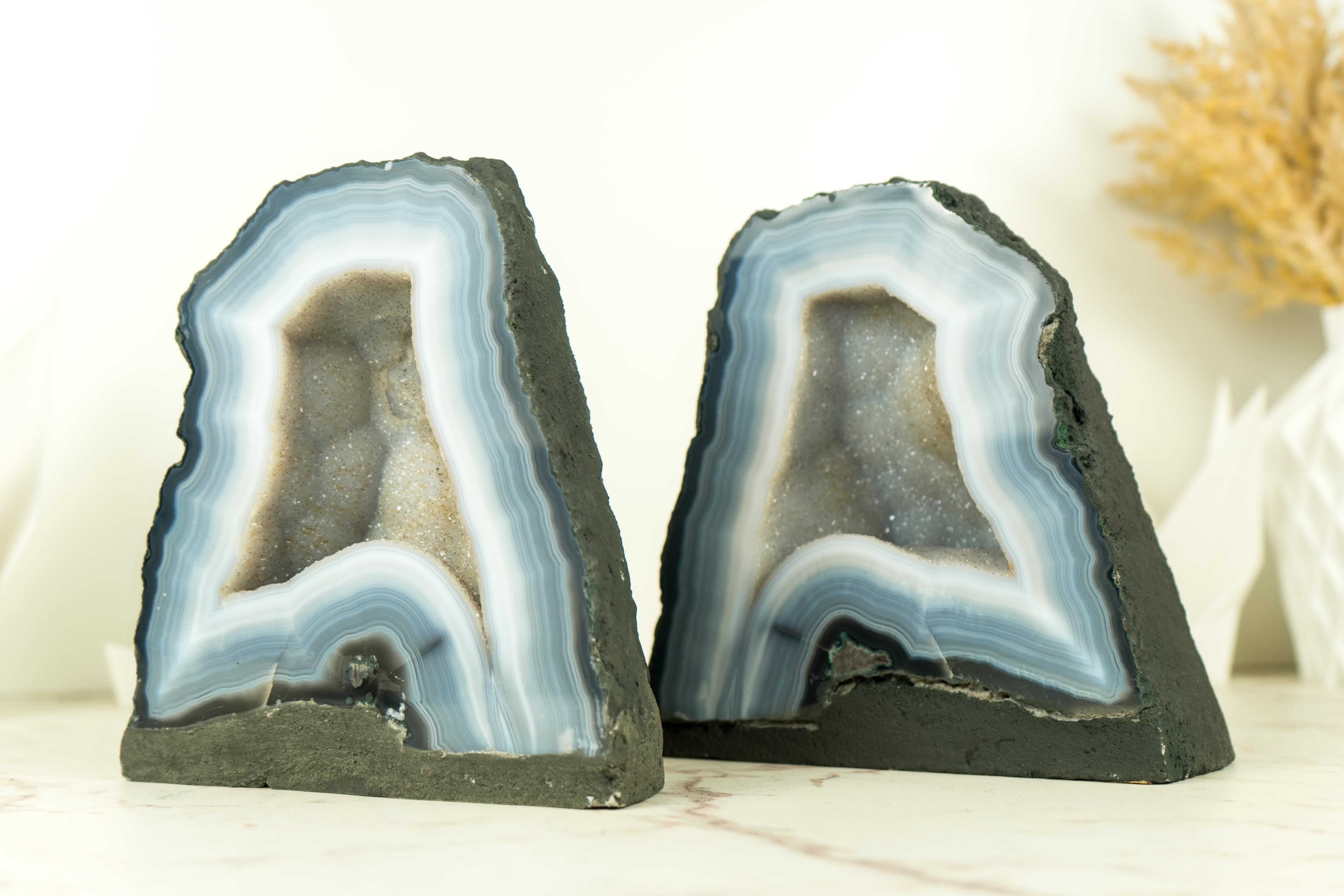 Pair of Bookmatching Small Blue Lace Agate Geode Cave with White Galaxy Druzy 8