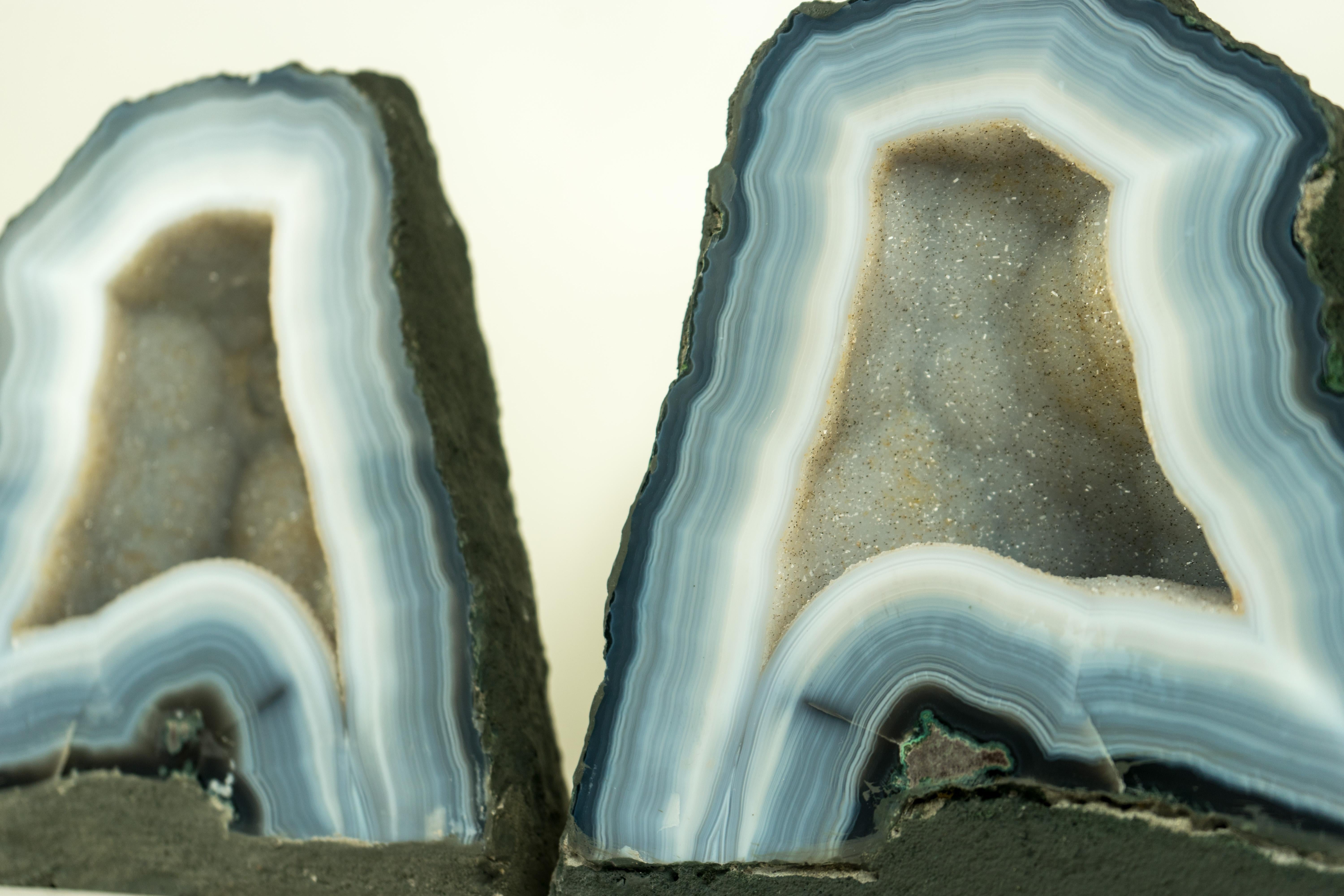 Brazilian Pair of Bookmatching Small Blue Lace Agate Geode Cave with White Galaxy Druzy  For Sale