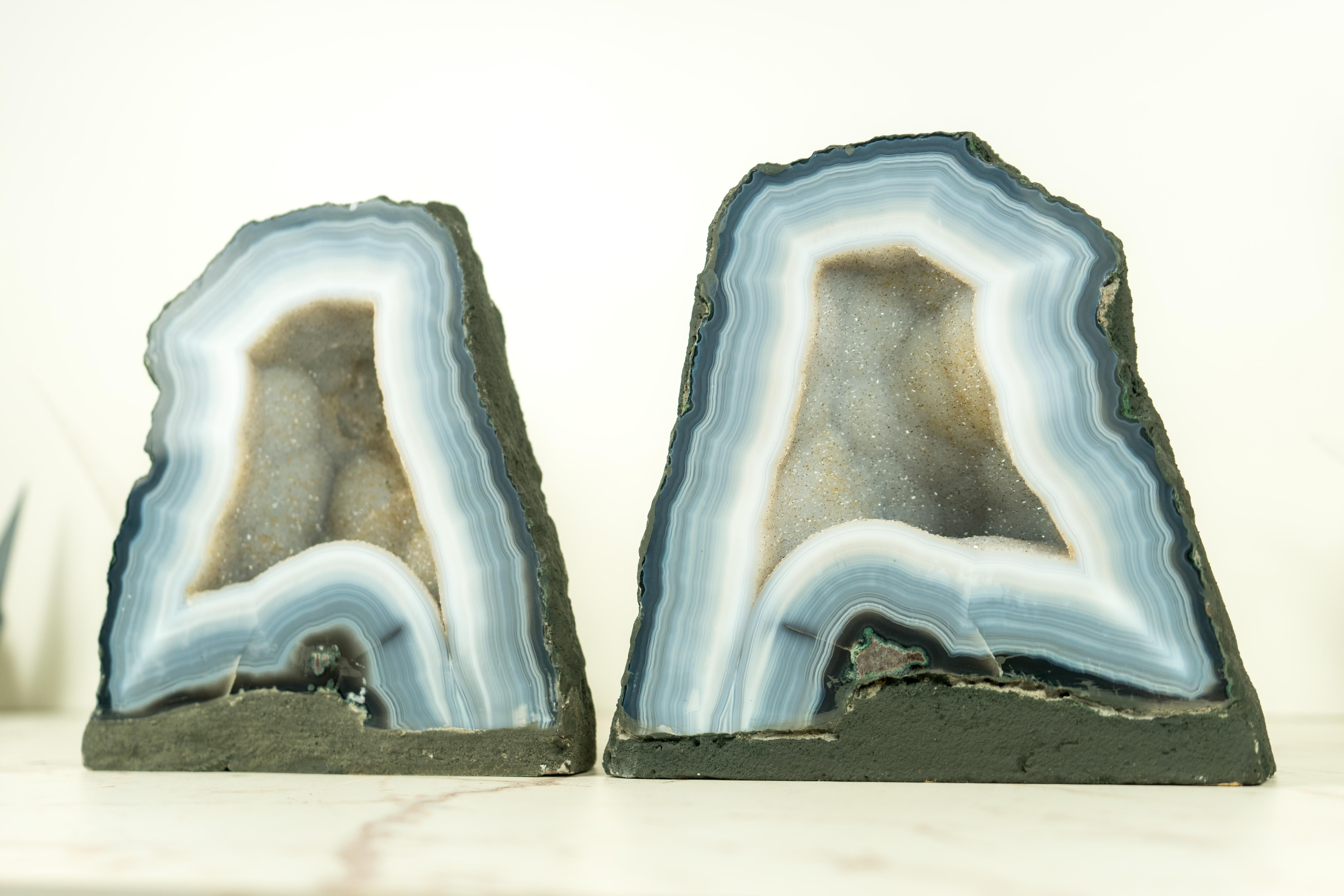 Contemporary Pair of Bookmatching Small Blue Lace Agate Geode Cave with White Galaxy Druzy  For Sale
