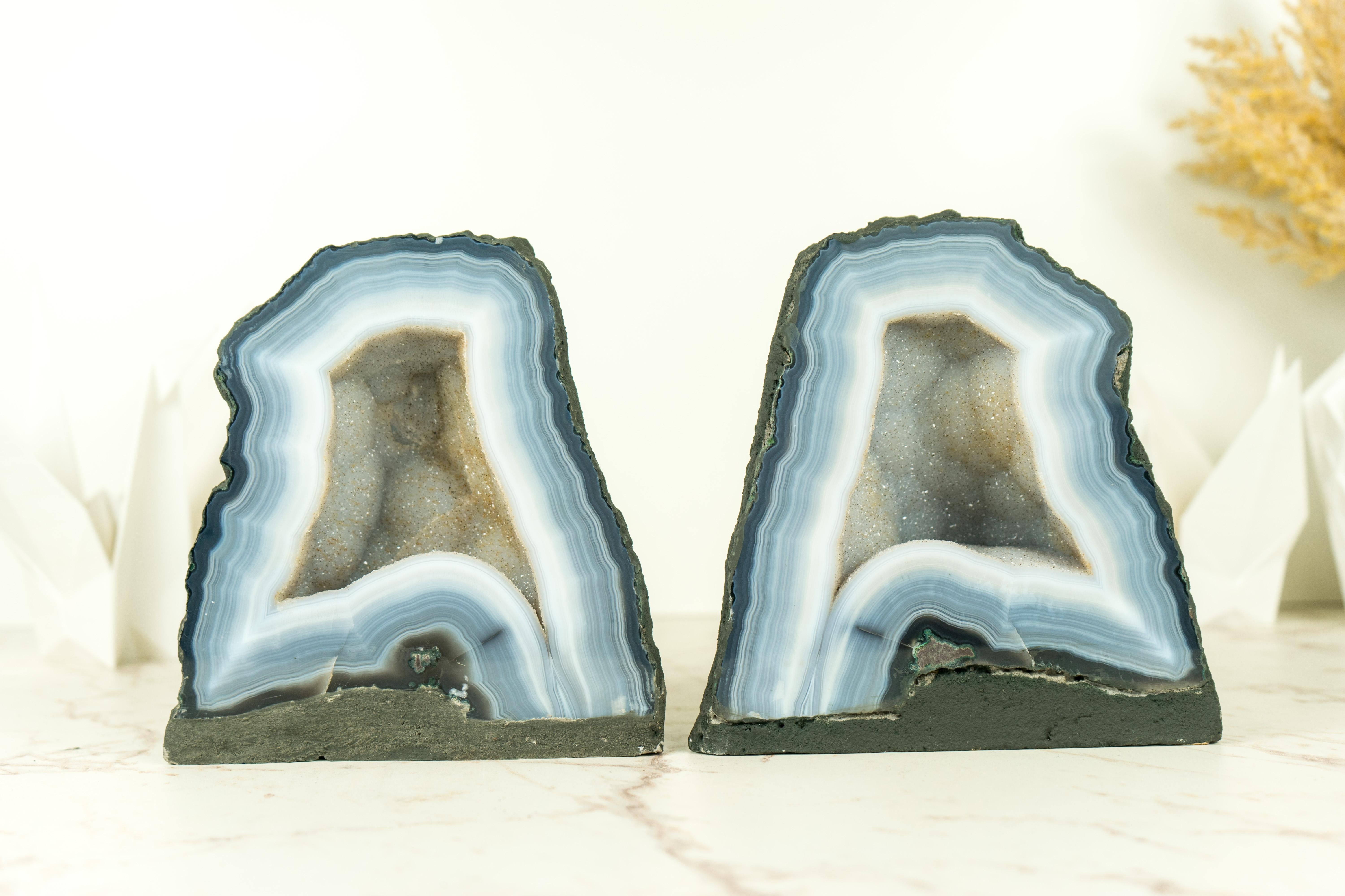Pair of Bookmatching Small Blue Lace Agate Geode Cave with White Galaxy Druzy  For Sale 1