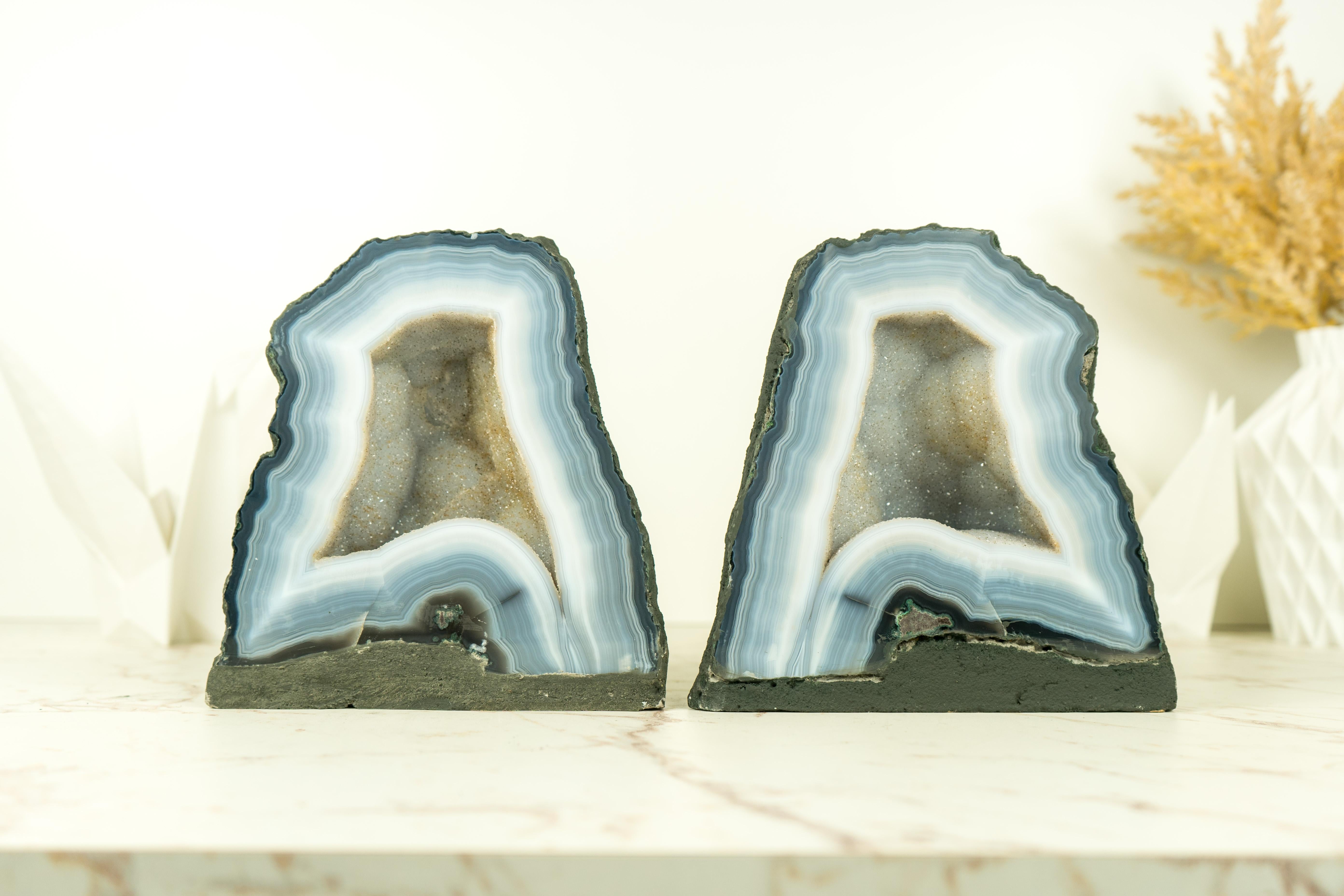 Pair of Bookmatching Small Blue Lace Agate Geode Cave with White Galaxy Druzy  For Sale 2