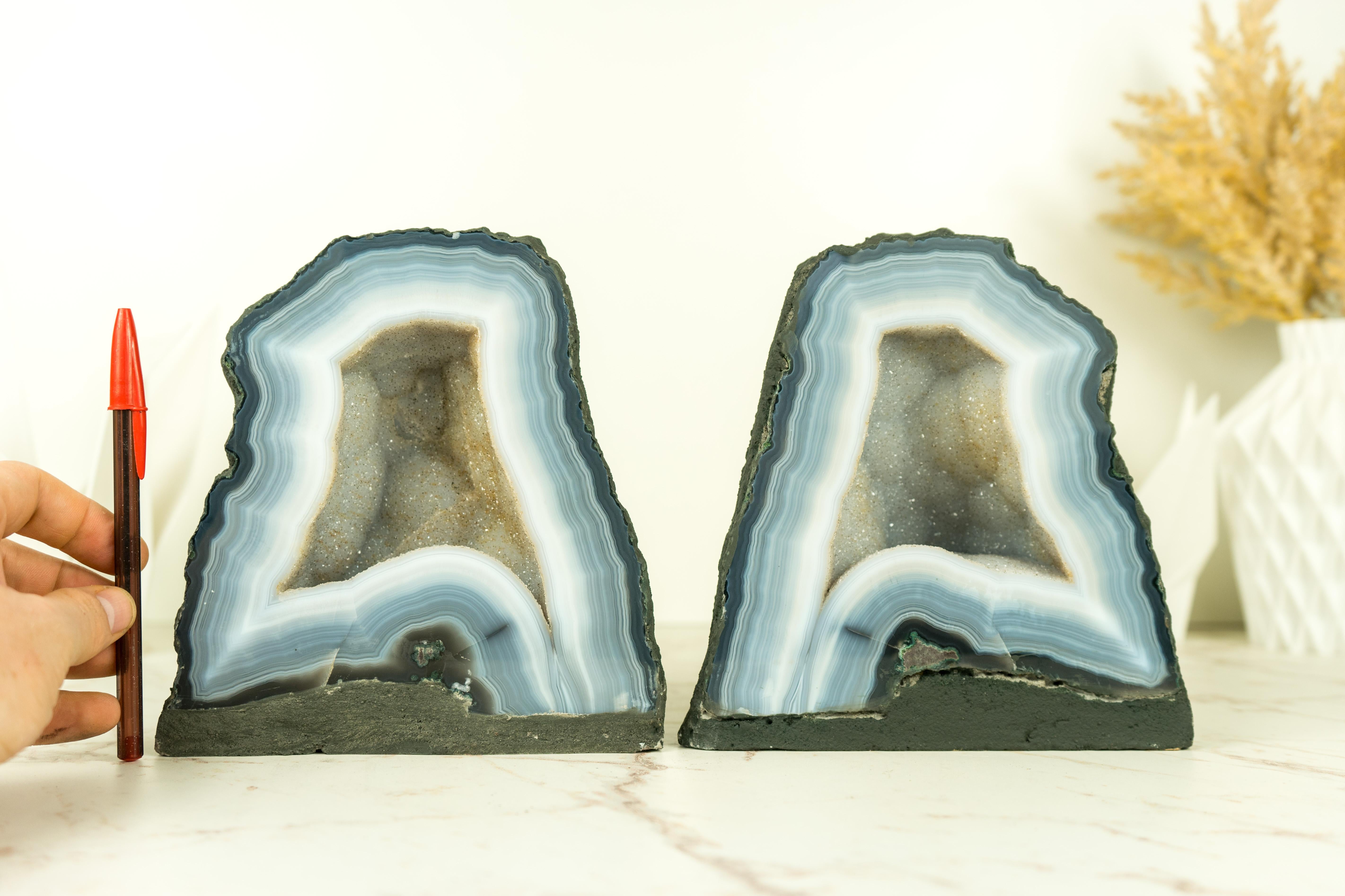 Pair of Bookmatching Small Blue Lace Agate Geode Cave with White Galaxy Druzy  For Sale 3