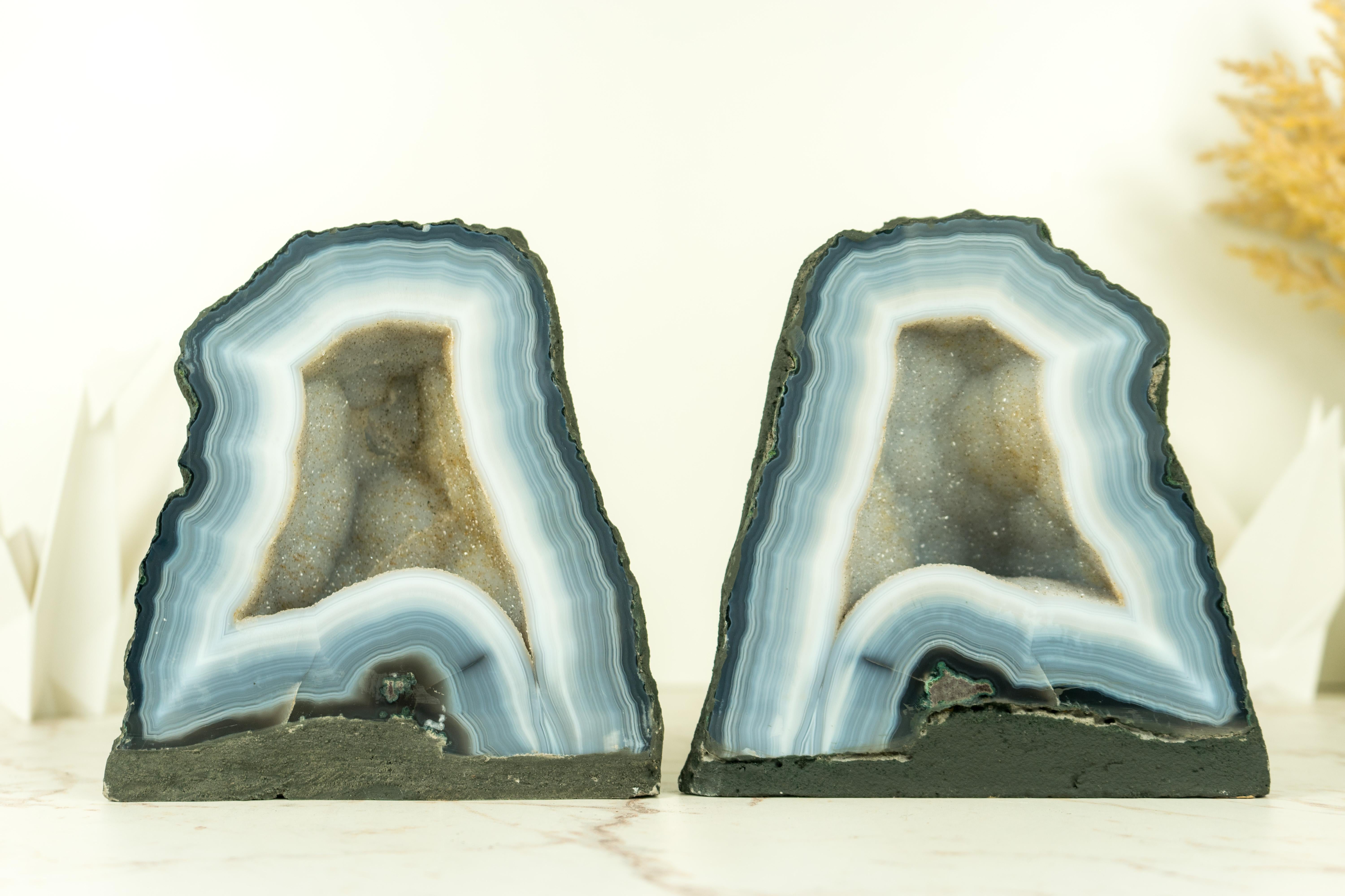 Pair of Bookmatching Small Blue Lace Agate Geode Cave with White Galaxy Druzy  For Sale 4
