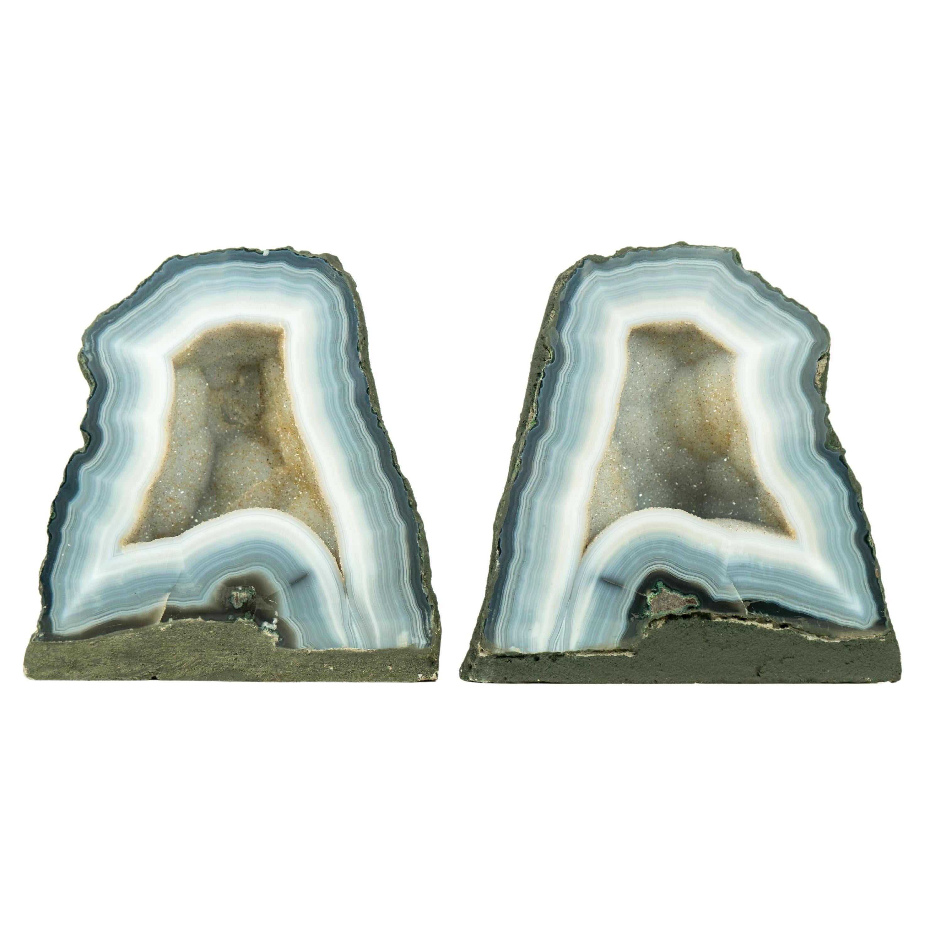 Pair of Bookmatching Small Blue Lace Agate Geode Cave with White Galaxy Druzy  For Sale