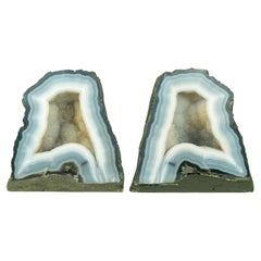 Pair of Bookmatching Small Blue Lace Agate Geode Cave with White Galaxy Druzy 