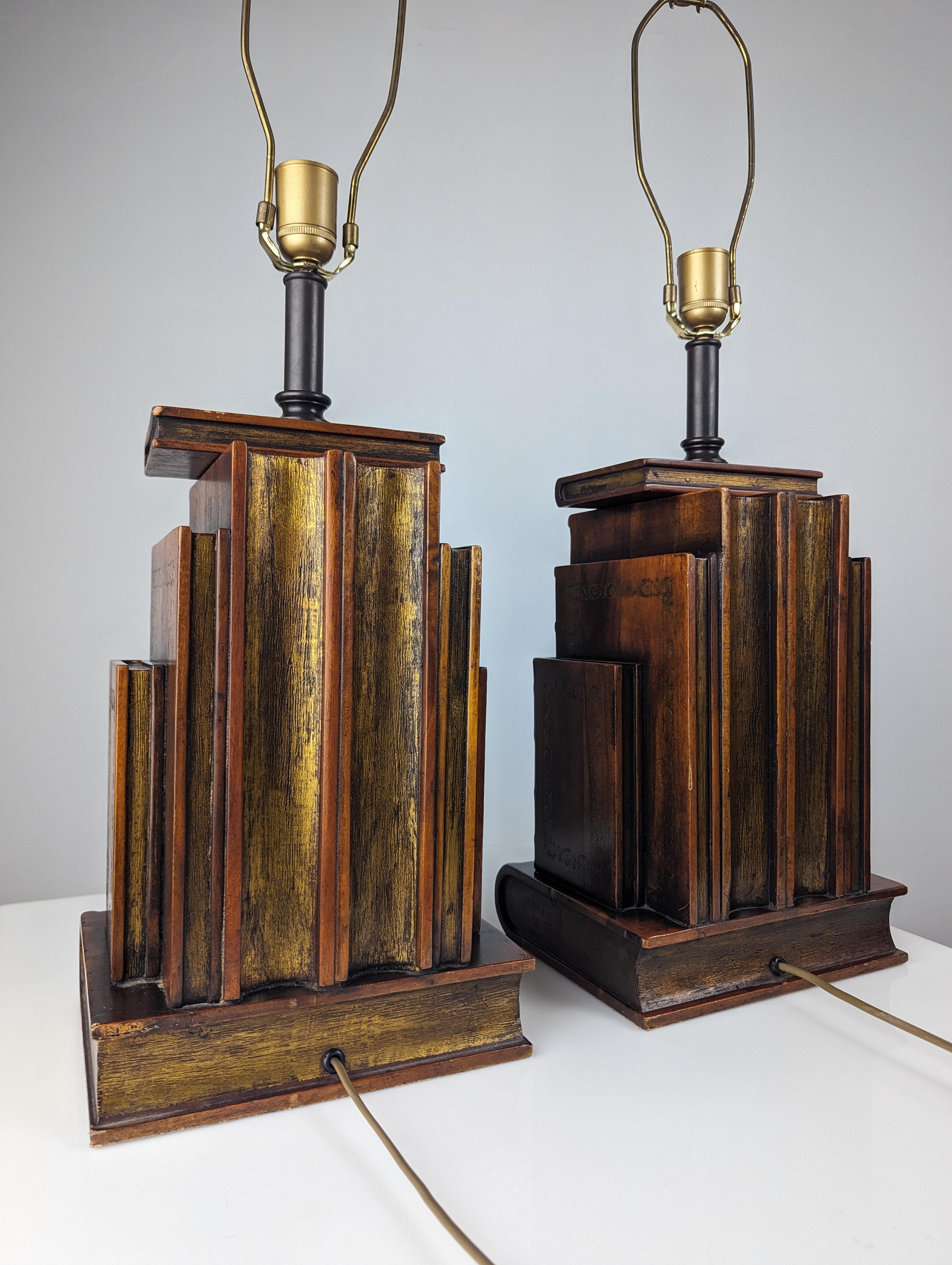 Wood Pair of Books lamps by Theodore Alexander For Sale