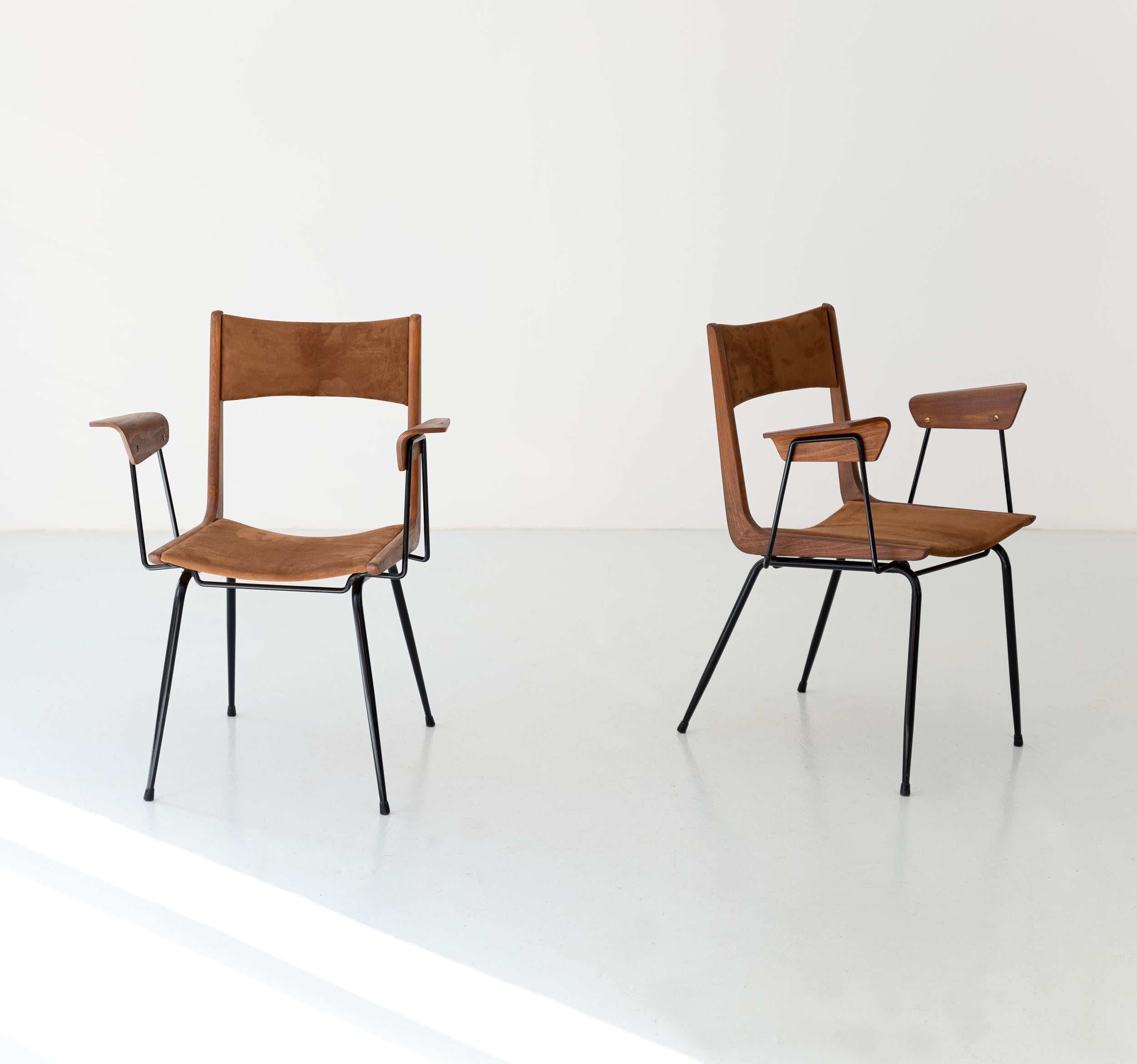 Pair of Armchairs in Cognac Suede Leather by Carlo Ratti  , Fully Restored 4