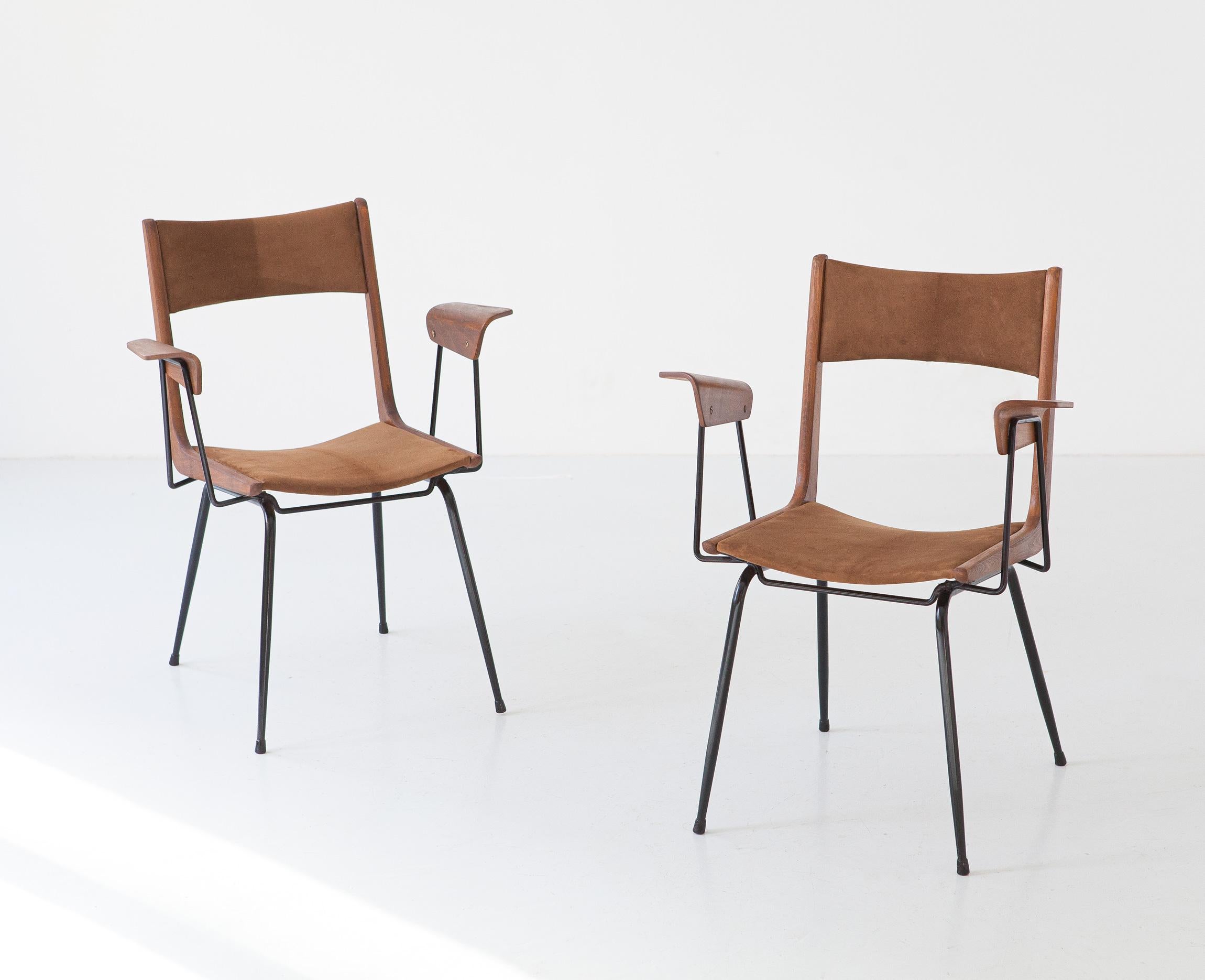 Pair of Armchairs in Cognac Suede Leather by Carlo Ratti  , Fully Restored 5