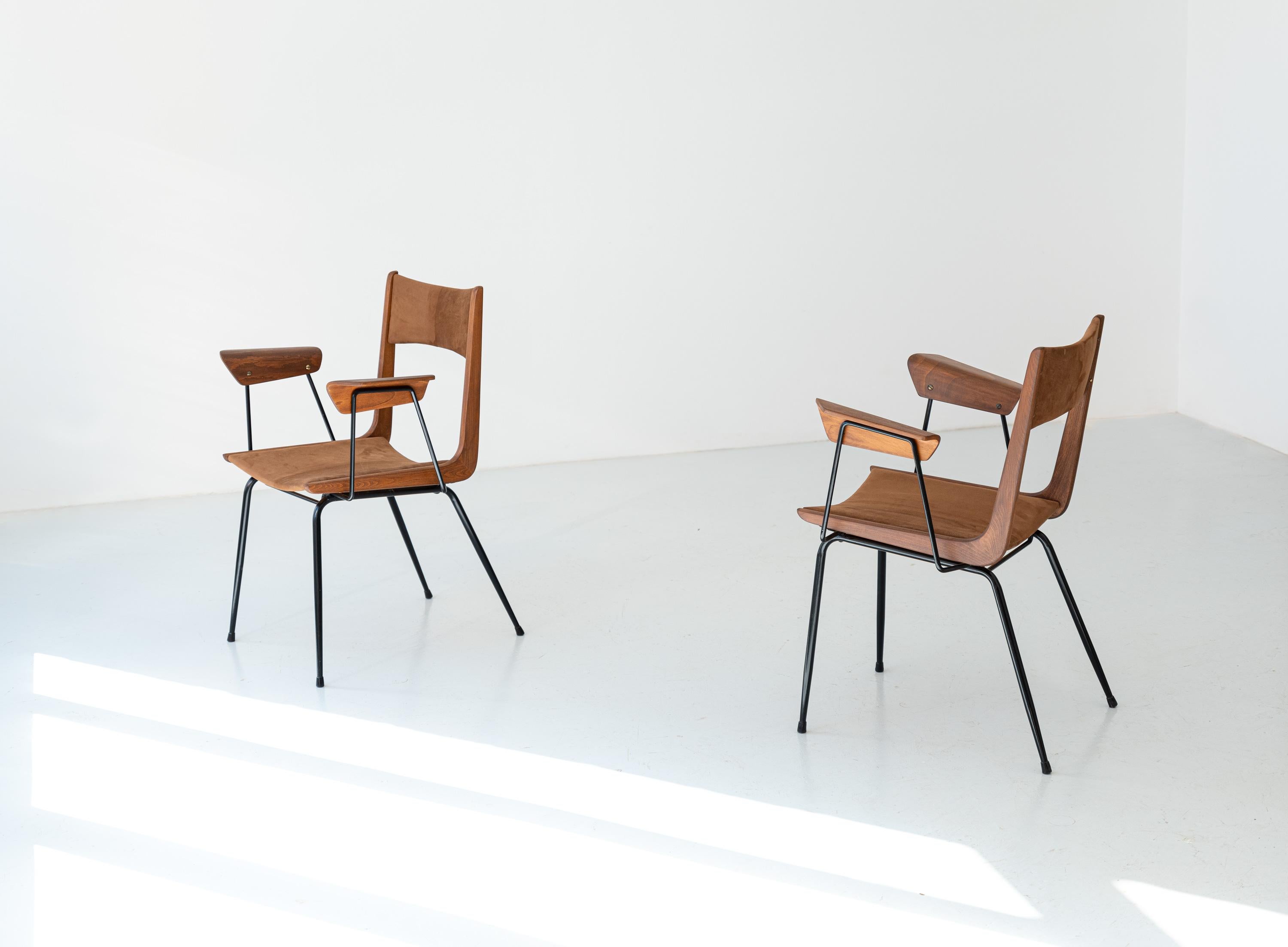 Mid-20th Century Pair of Armchairs in Cognac Suede Leather by Carlo Ratti  , Fully Restored