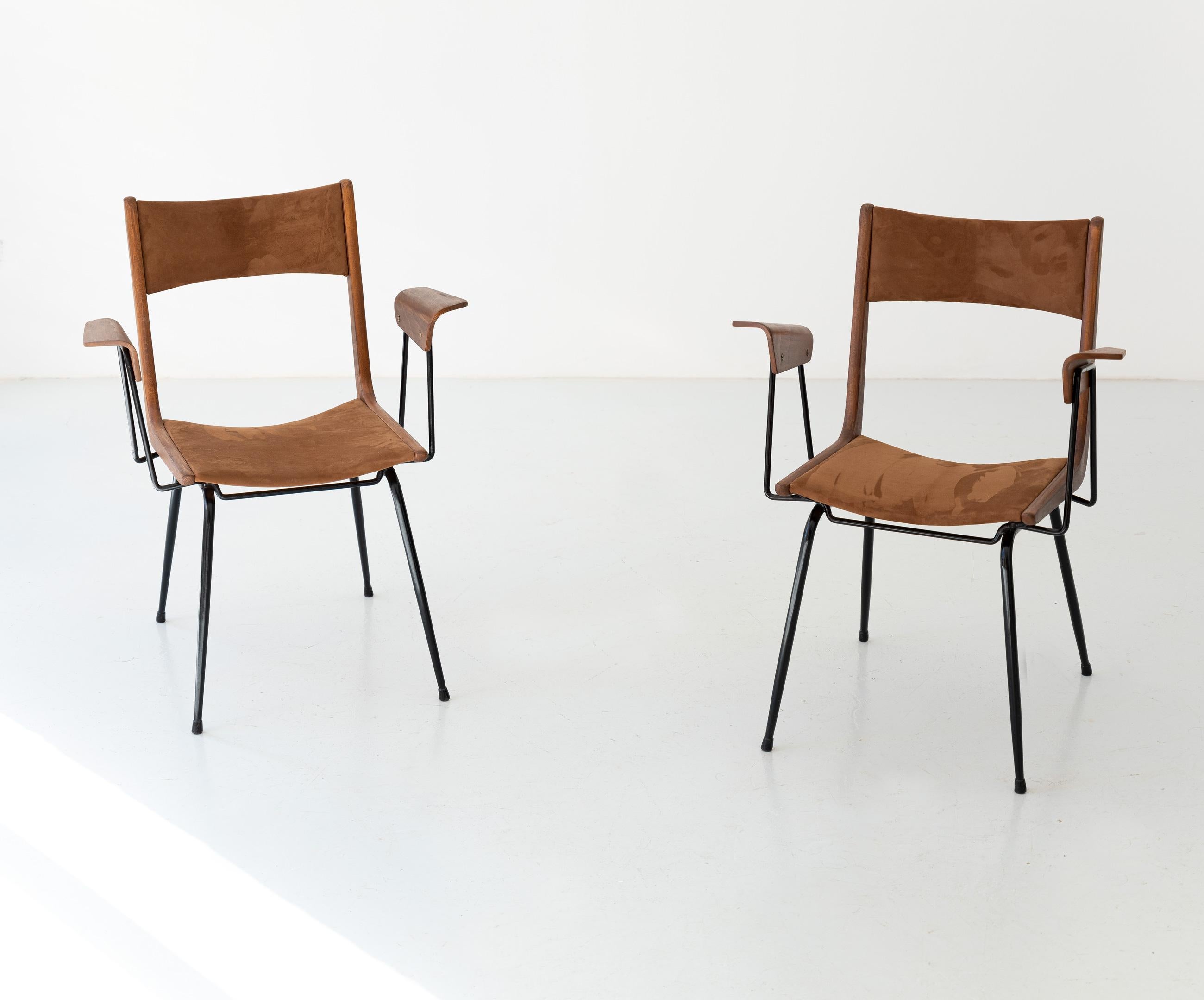 Pair of Armchairs in Cognac Suede Leather by Carlo Ratti  , Fully Restored 2