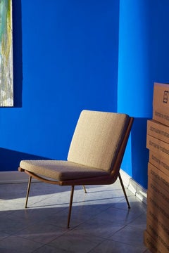 Pair of Boomerang HM1 Lounge Chairs, Oiled Walnut/ Brass/ Karakorum 003 for &T