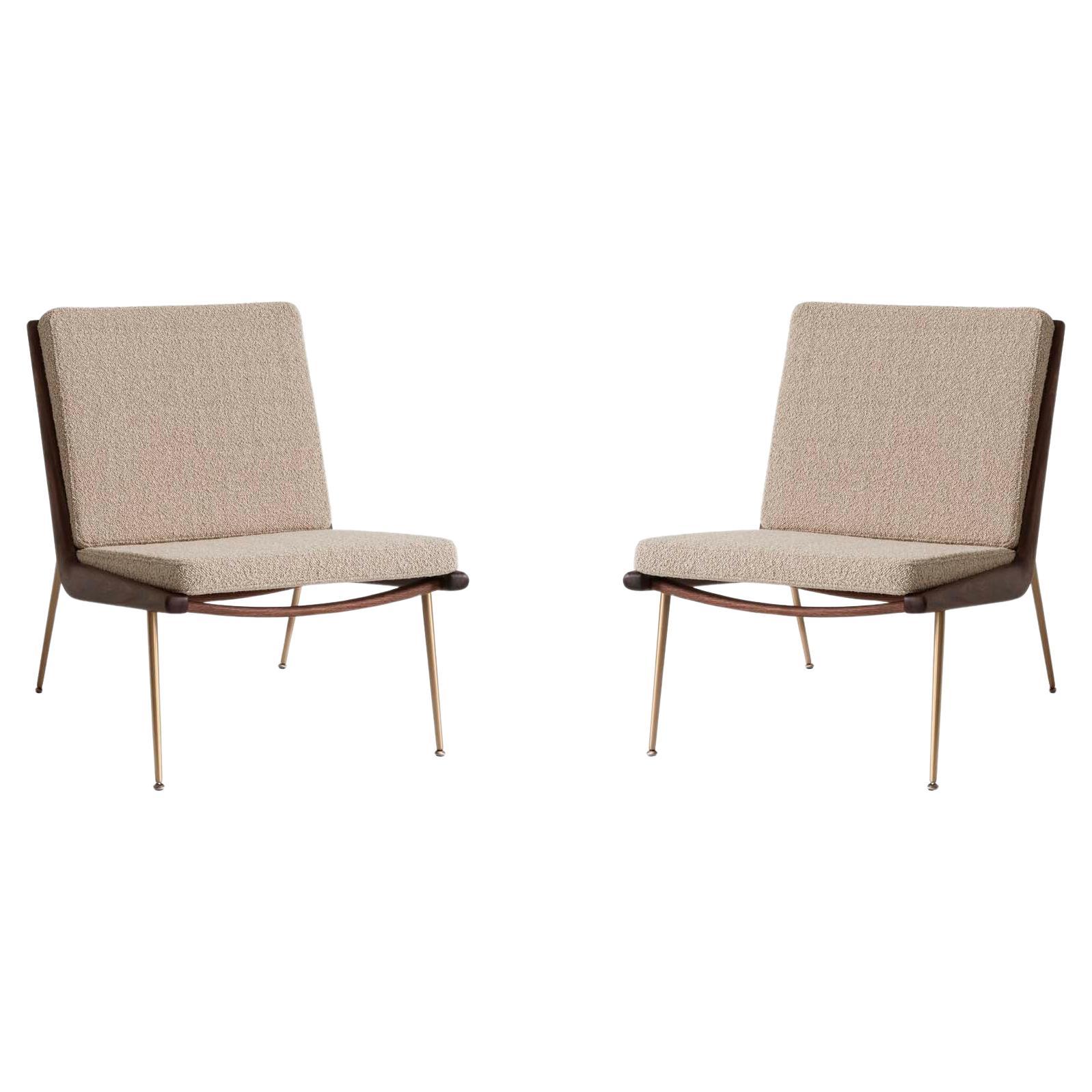Pair of Boomerang HM1 Lounge Chairs, Oiled Walnut/ Brass/ Karakorum 003 for &T