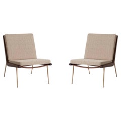 Pair of Boomerang HM1 Lounge Chairs, Oiled Walnut/ Brass/ Karakorum 003 for &T