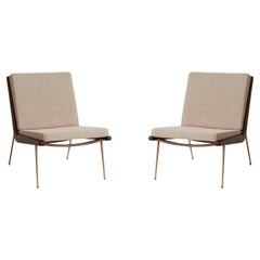 Pair of Boomerang HM1 Lounge Chairs, Oiled Walnut/ Brass/ Karakorum 003 for &T