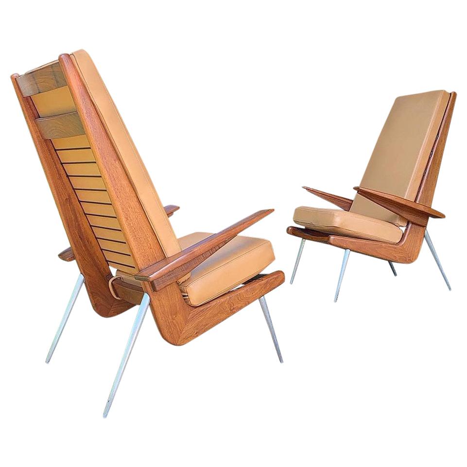 Pair of Boomerang Sculptural Tall Back Danish or Italian Arm Lounge Chairs For Sale