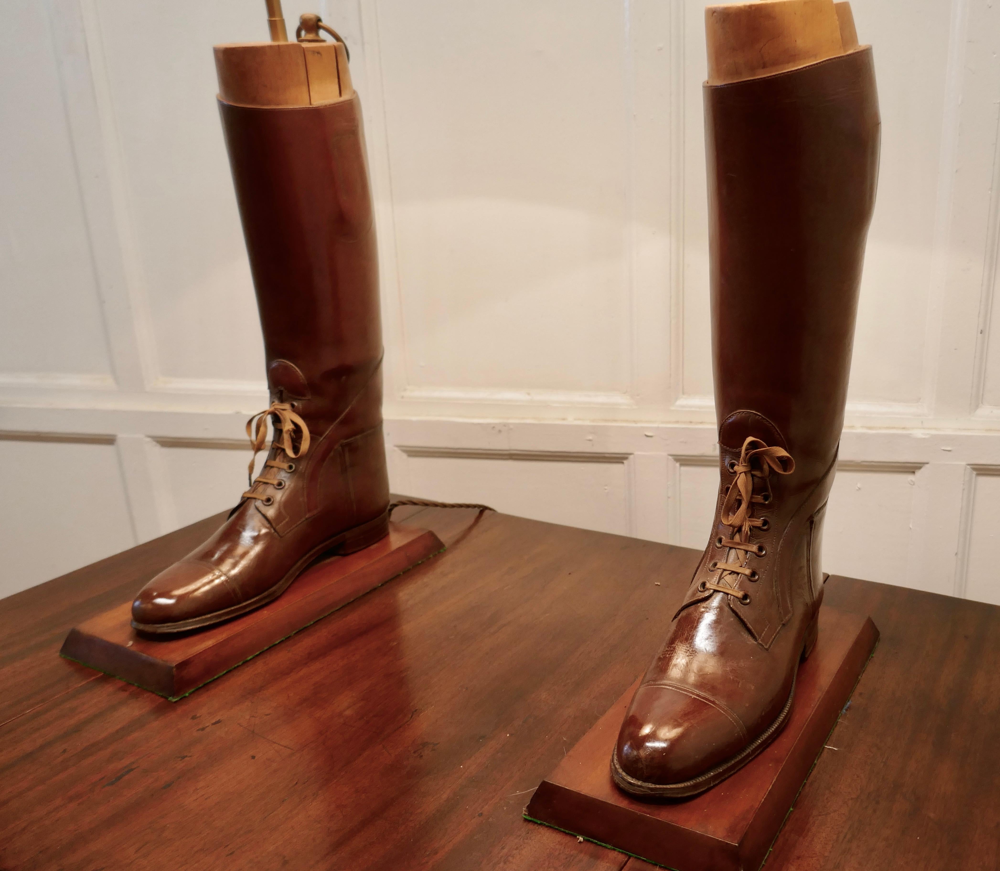 Folk Art Pair of Boot Lamps, Made from Early 20th Century Cavalry Officer’s Riding Boots