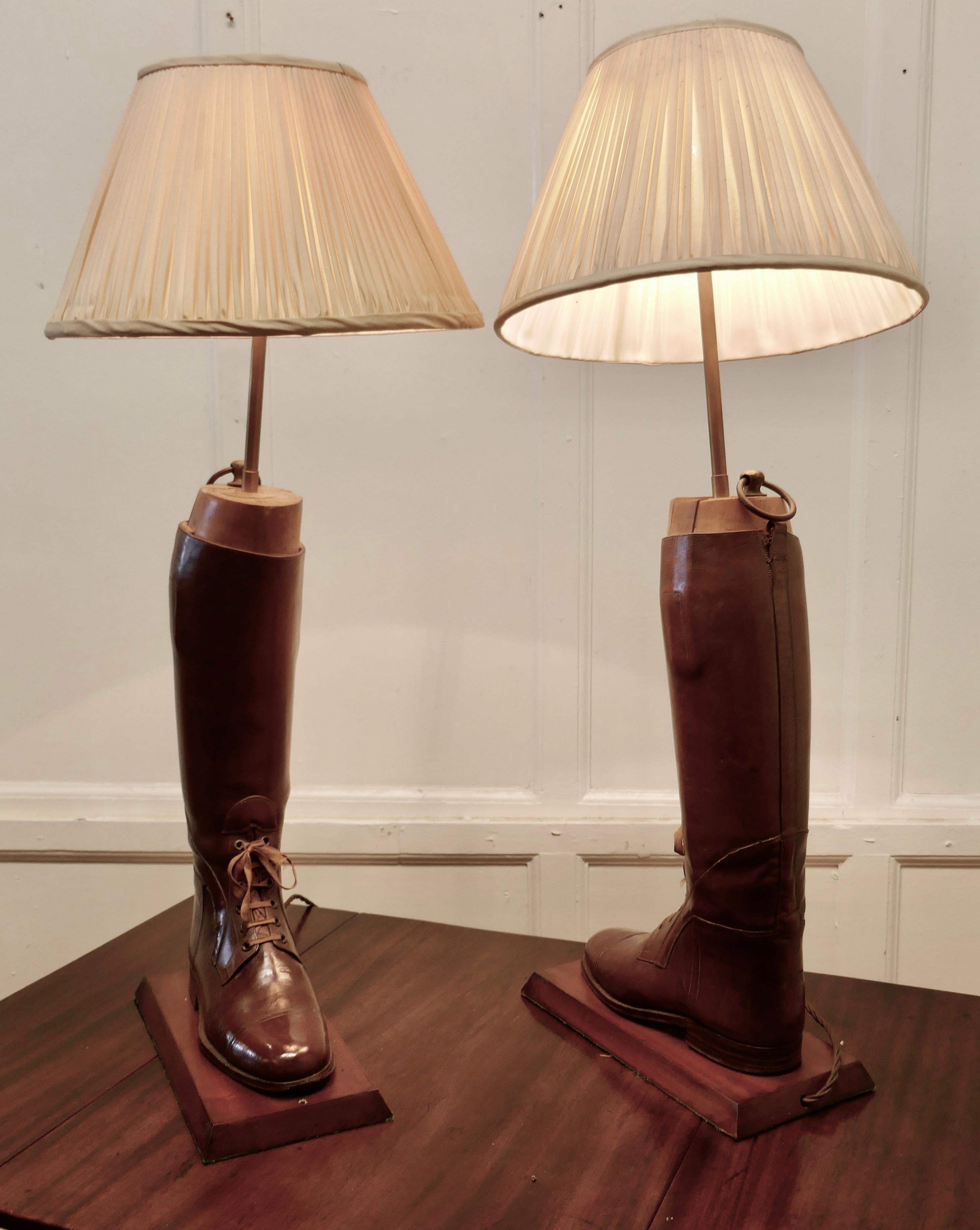 Leather Pair of Boot Lamps, Made from Early 20th Century Cavalry Officer’s Riding Boots