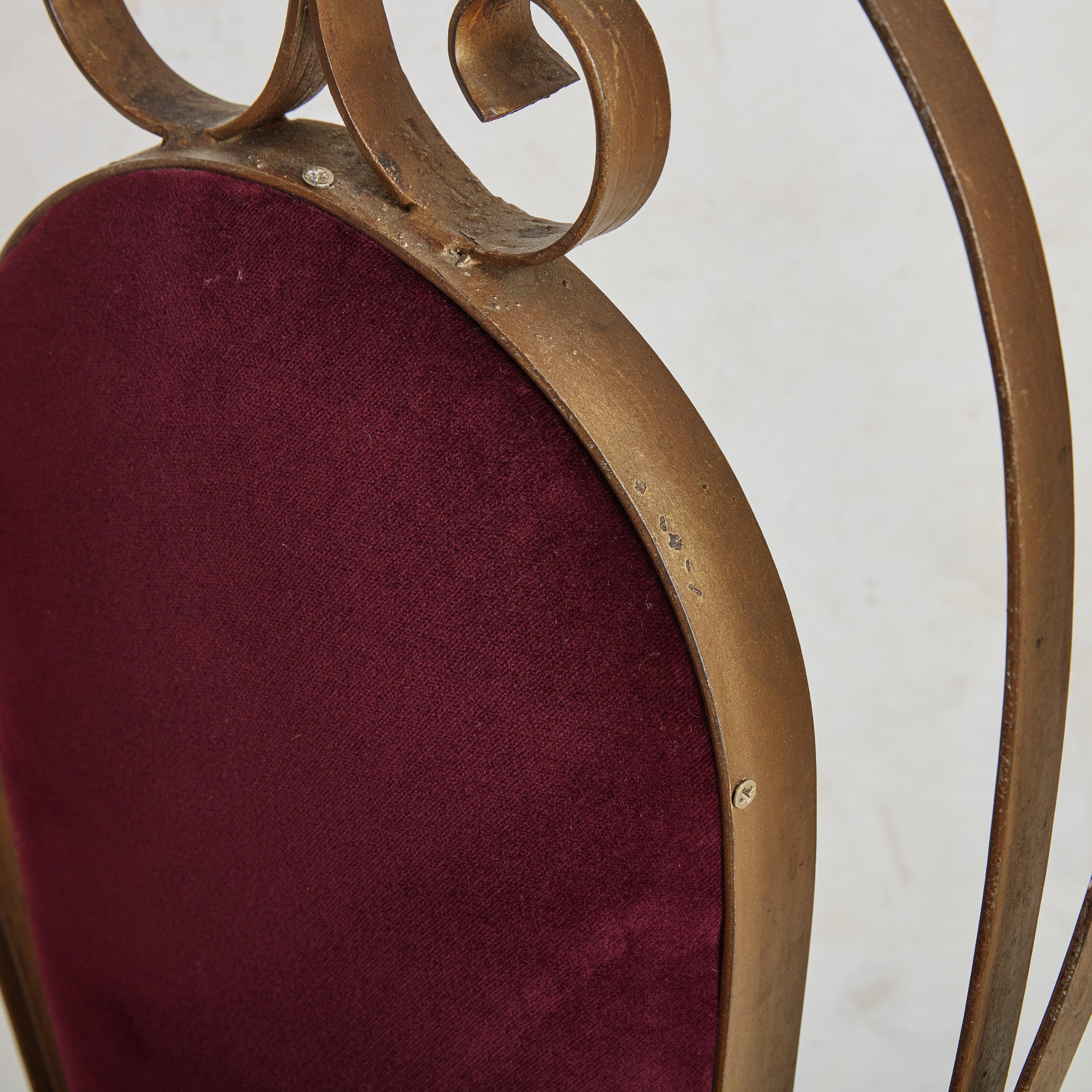 Pair of Bordeaux Velvet + Gilded Iron Sculptural Side Chairs, 20th Century For Sale 6