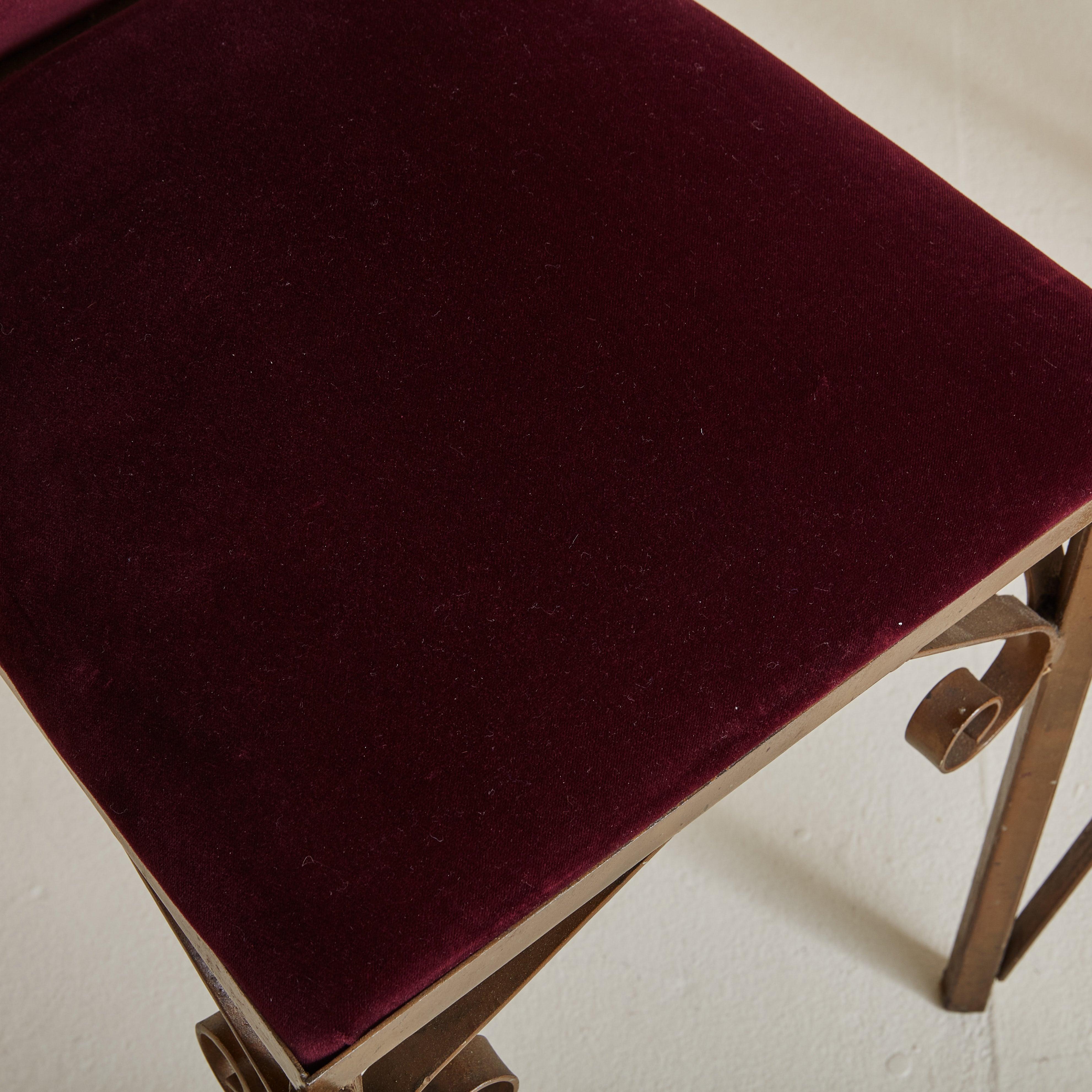 Pair of Bordeaux Velvet + Gilded Iron Sculptural Side Chairs, 20th Century For Sale 7