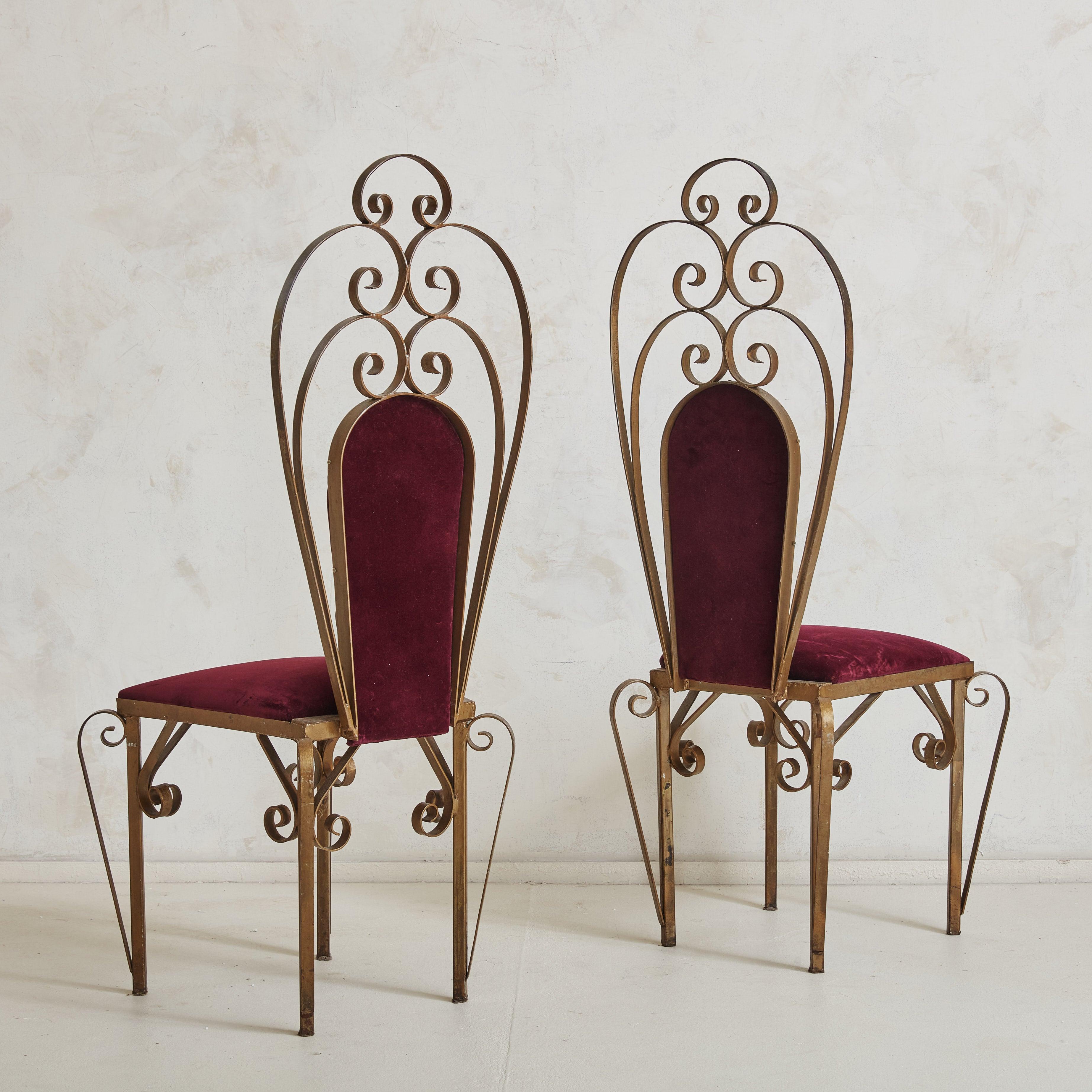 Neoclassical Pair of Bordeaux Velvet + Gilded Iron Sculptural Side Chairs, 20th Century For Sale