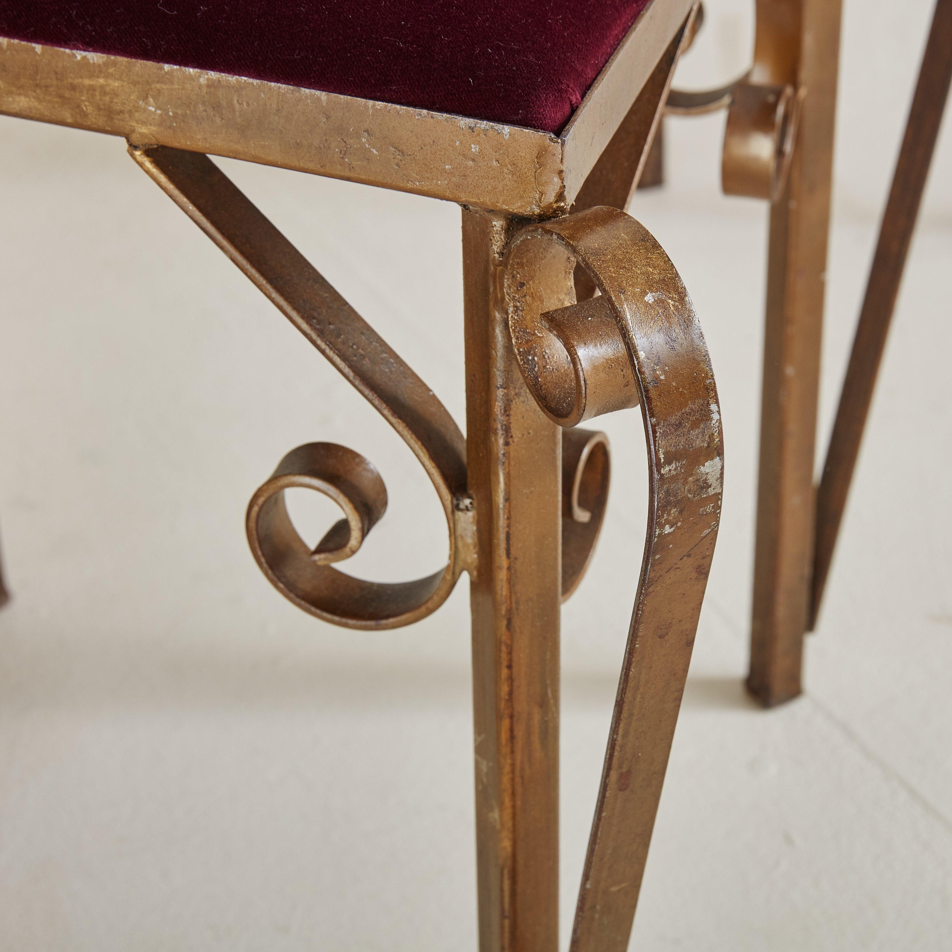 Pair of Bordeaux Velvet + Gilded Iron Sculptural Side Chairs, 20th Century In Good Condition For Sale In Chicago, IL