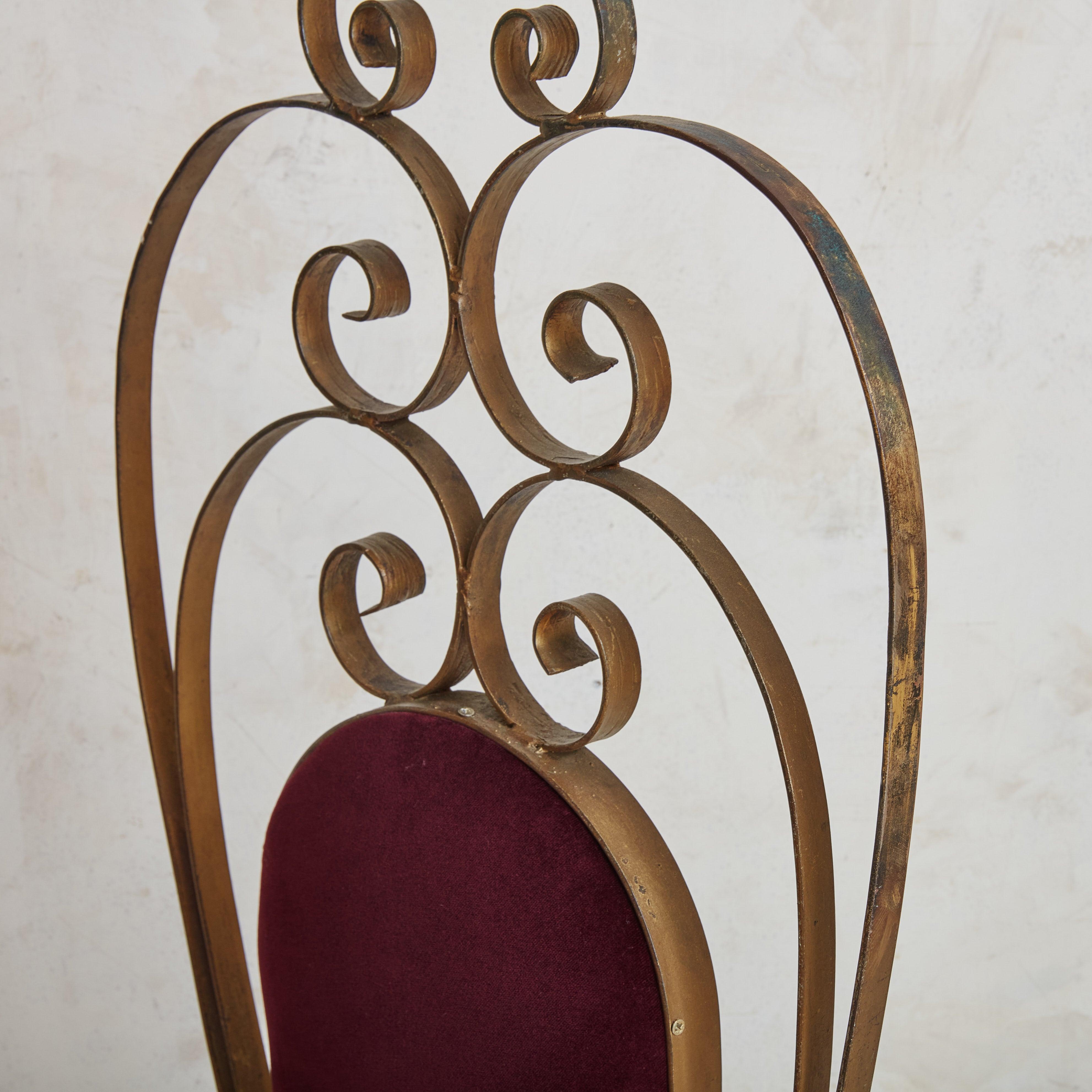 Pair of Bordeaux Velvet + Gilded Iron Sculptural Side Chairs, 20th Century For Sale 1