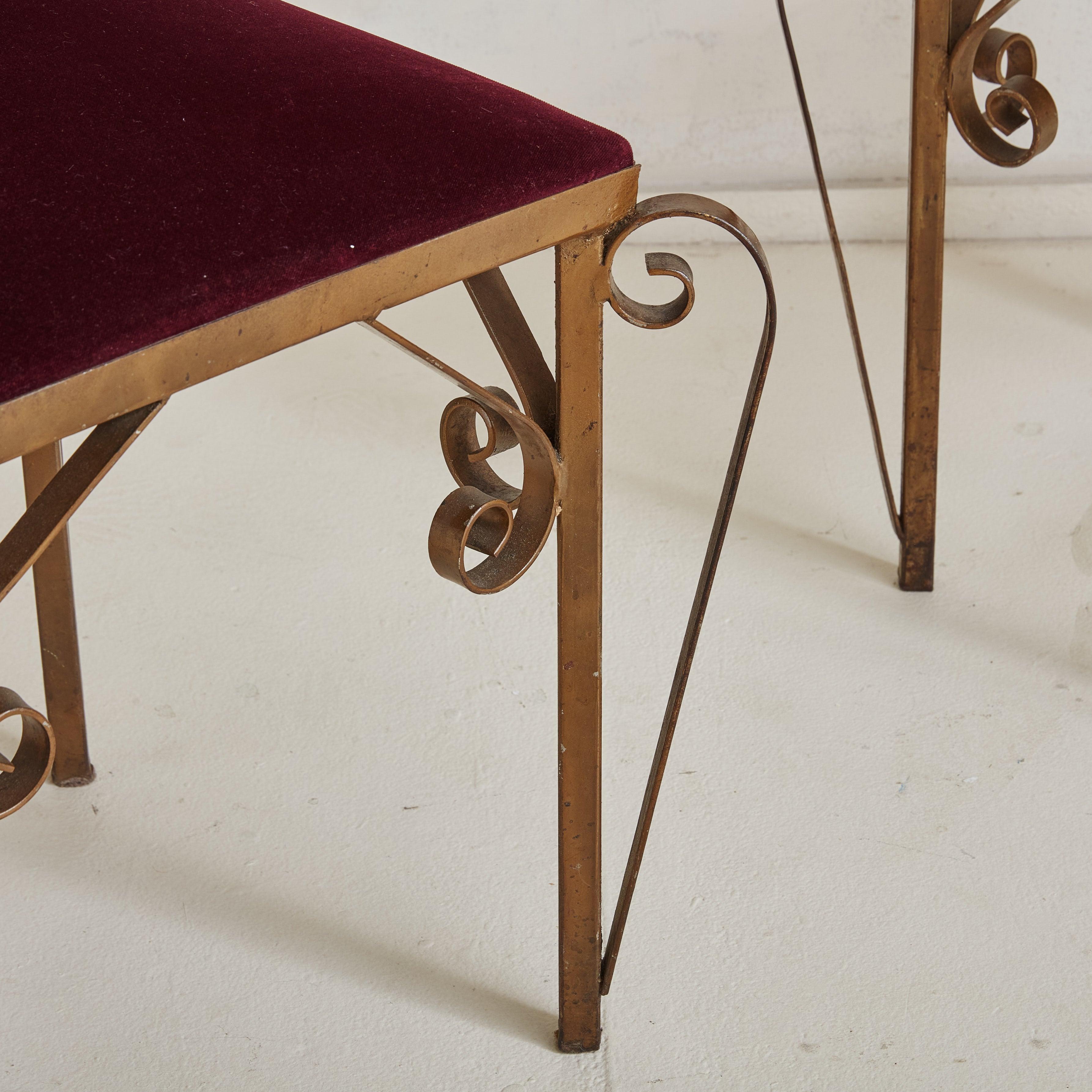 Pair of Bordeaux Velvet + Gilded Iron Sculptural Side Chairs, 20th Century For Sale 2