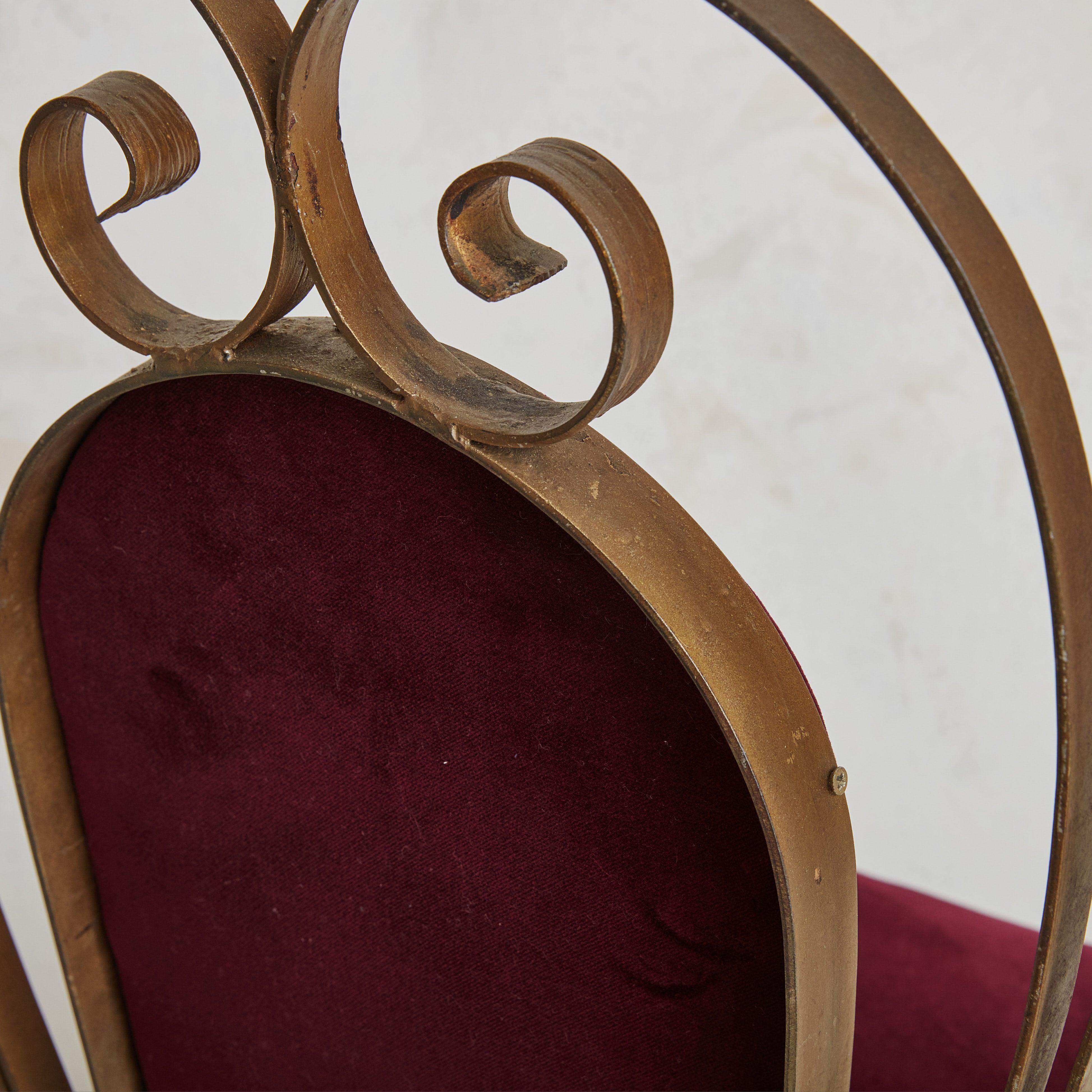 Pair of Bordeaux Velvet + Gilded Iron Sculptural Side Chairs, 20th Century For Sale 3