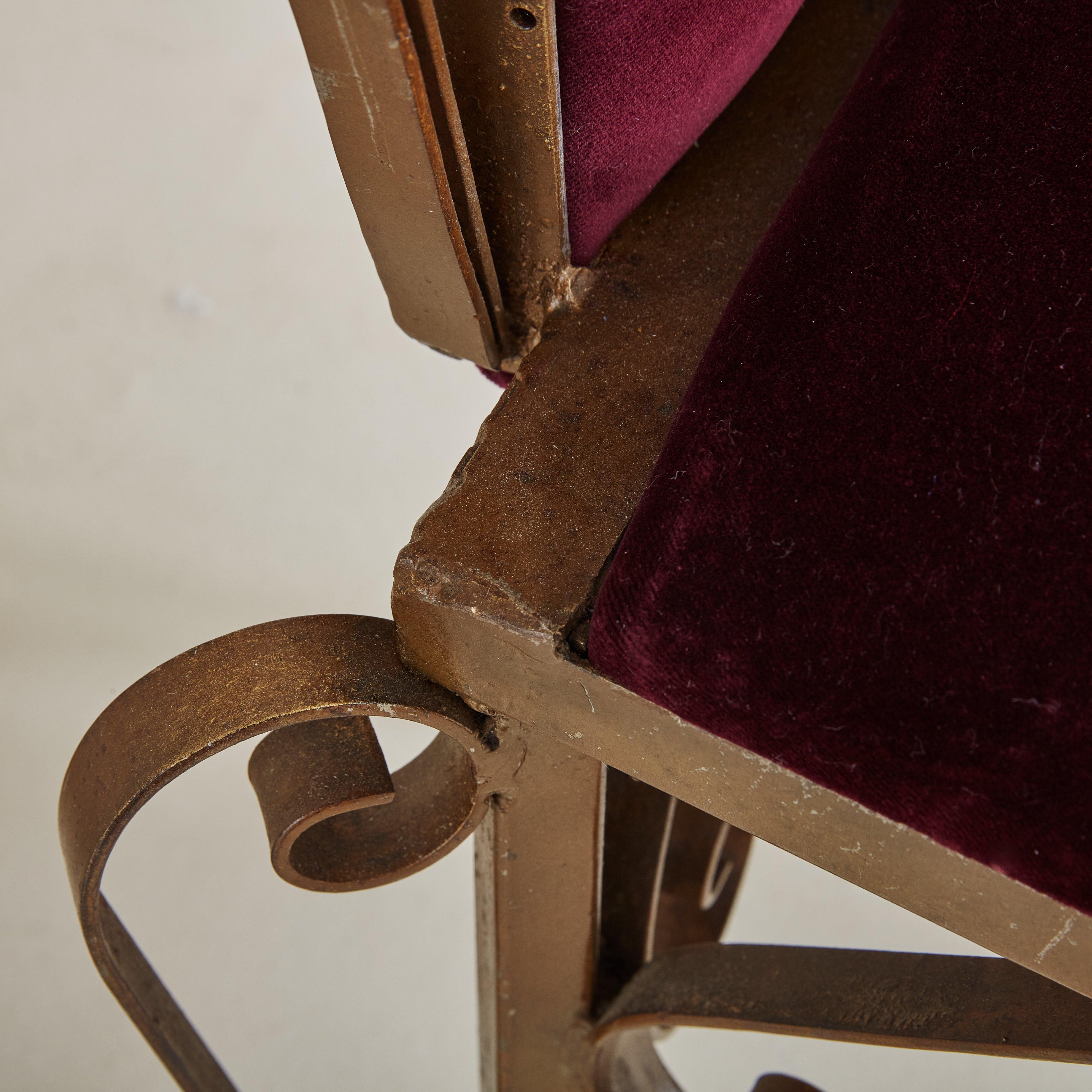Pair of Bordeaux Velvet + Gilded Iron Sculptural Side Chairs, 20th Century For Sale 4