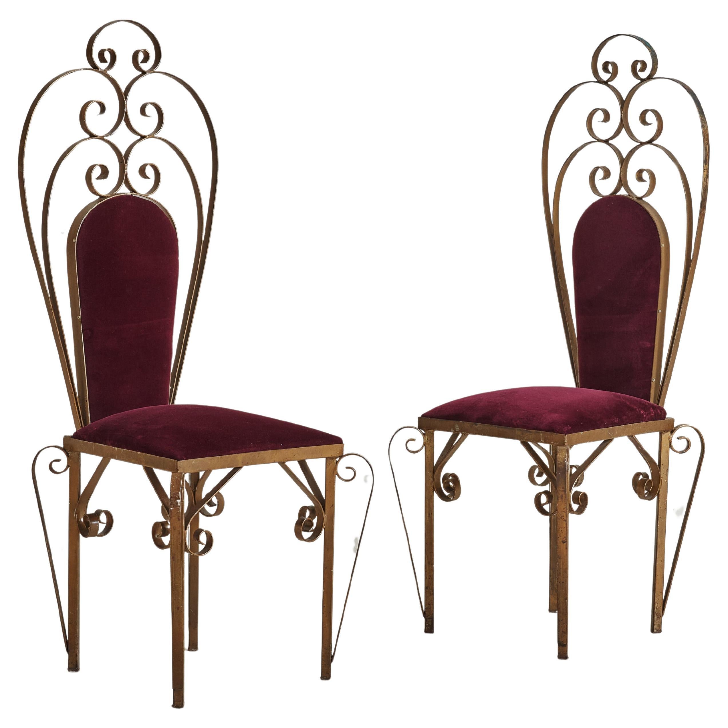 Pair of Bordeaux Velvet + Gilded Iron Sculptural Side Chairs, 20th Century