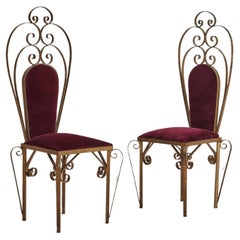 Pair of Bordeaux Velvet + Gilded Iron Sculptural Side Chairs, 20th Century