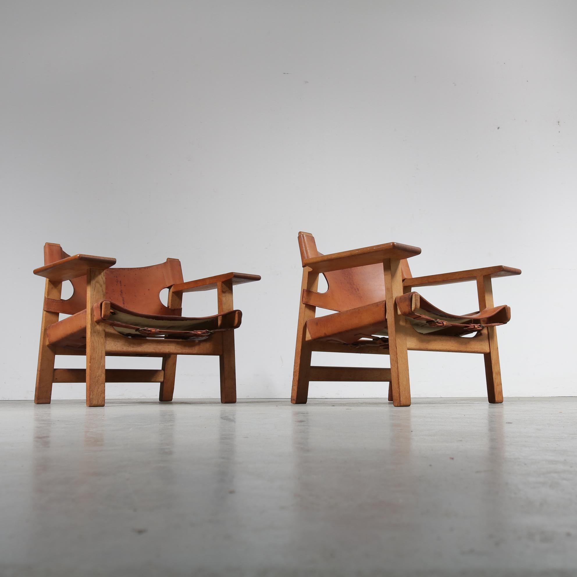 Mid-Century Modern Pair of Borge Mogensen Spanish Chairs for Fredericia, Denmark, 1950