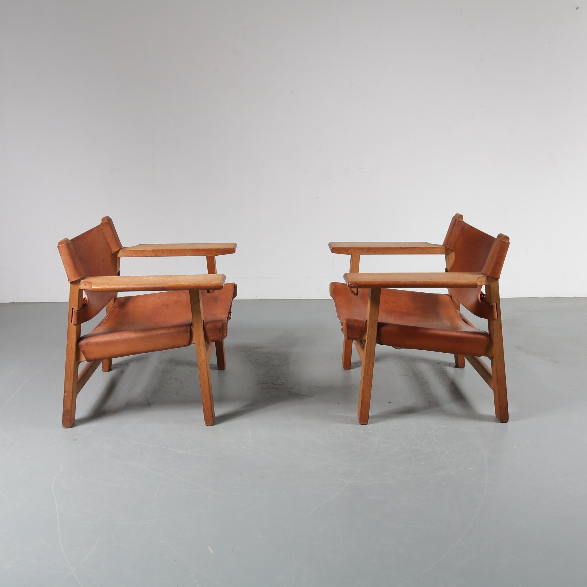 Leather Pair of Borge Mogensen Spanish Chairs for Fredericia, Denmark, 1950