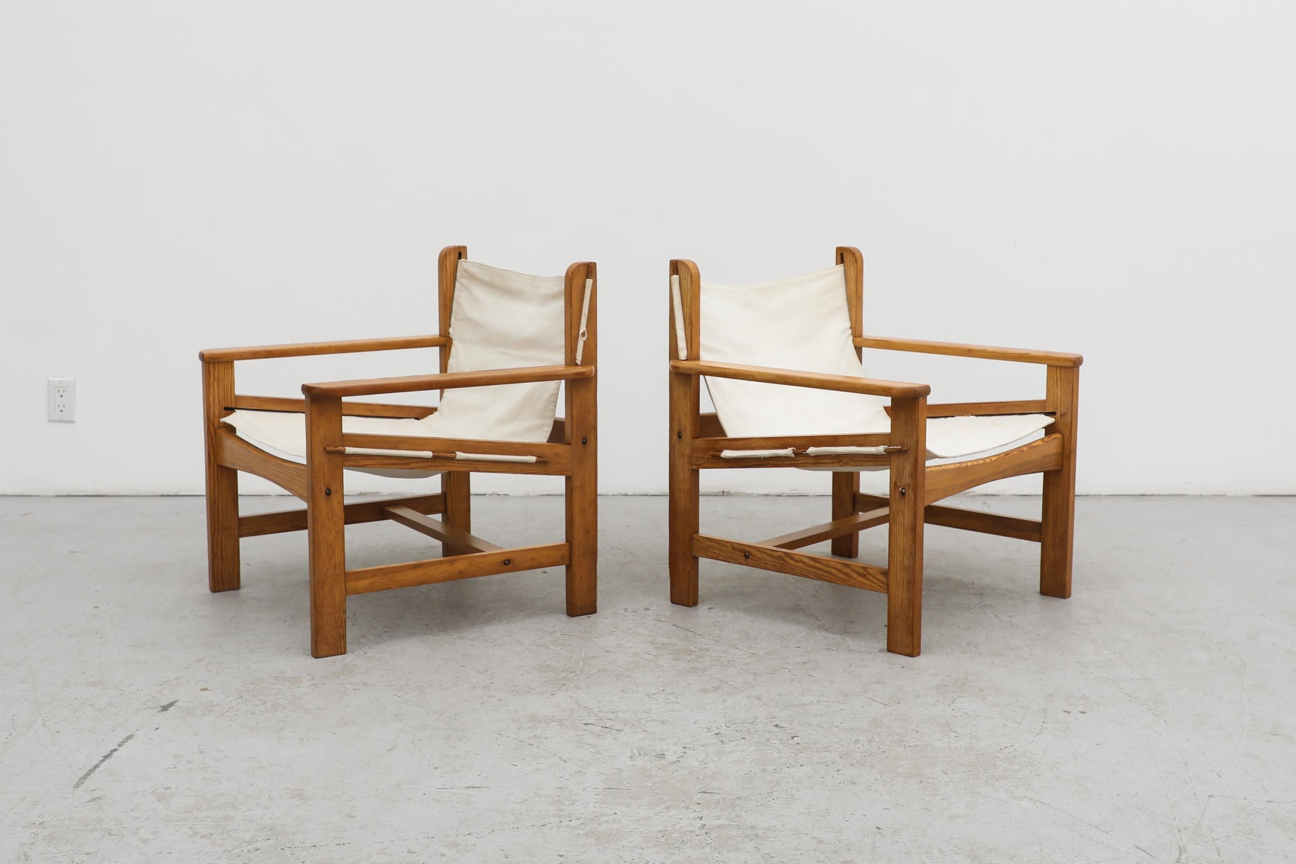 Dutch Pair of Borge Mogensen Style Pine and Canvas Safari Chairs