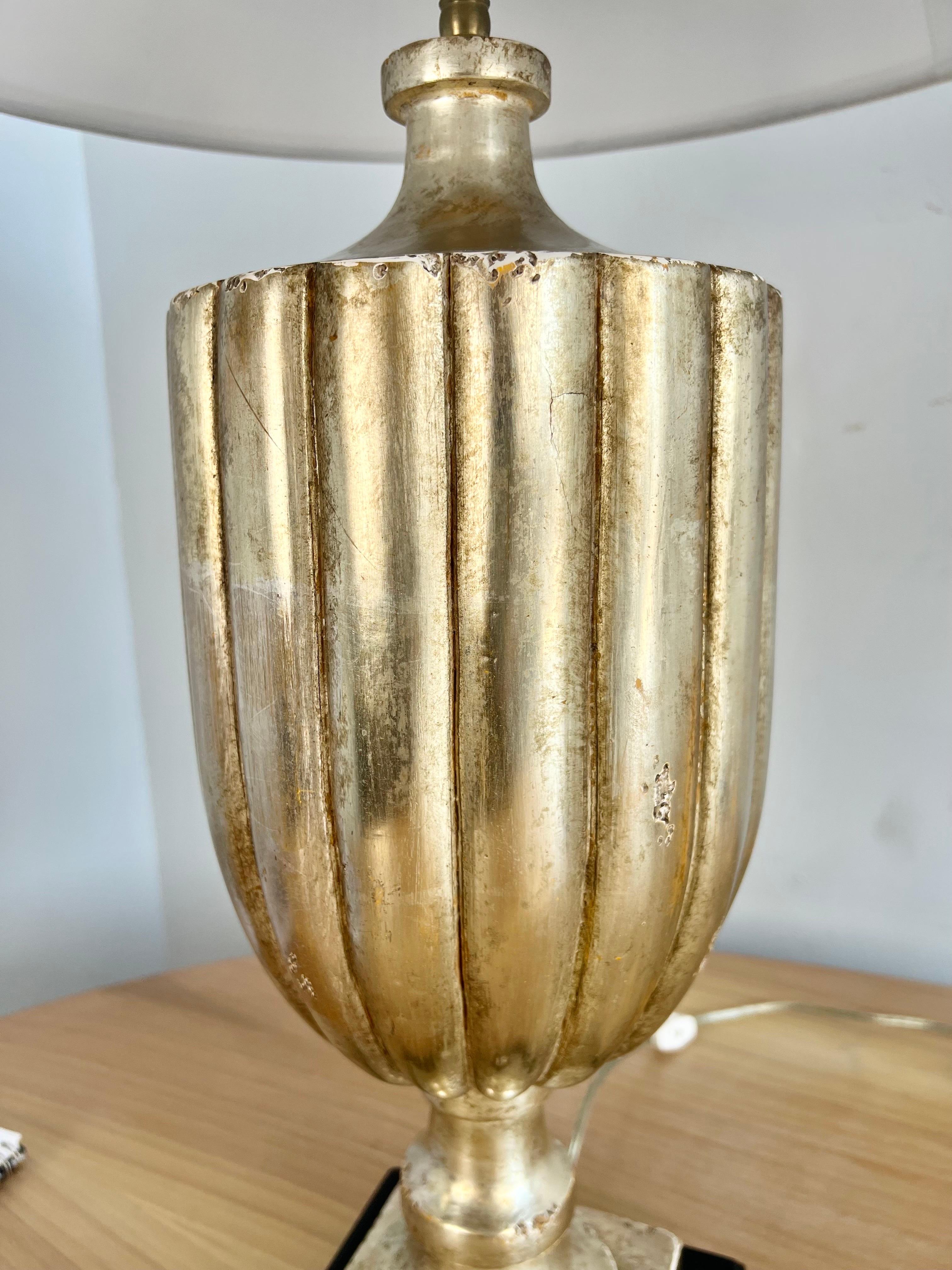 Wood Pair of Borghese Fluted Urn Lamps w/ Linen Shades