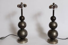 Paar Boris Lacroix-Tischlampen aus vernickeltem Nickel und Messing mit Kuppelschirmen