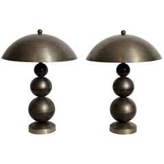Pair of Boris Lacroix Stacked Nickel Plate & Brass Table Lamps with Dome Shades