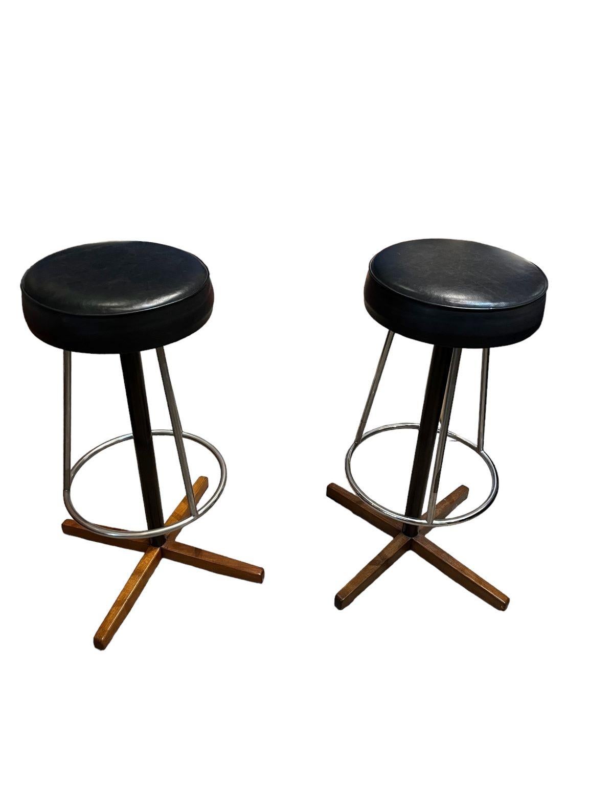 Steel Pair Of Borje Johanson Teak & Chrome bar stools for Johanson Design. For Sale