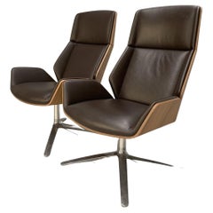 Pair of Boss “Kruze” Lounge Armchairs – in Brown Leather & Walnut