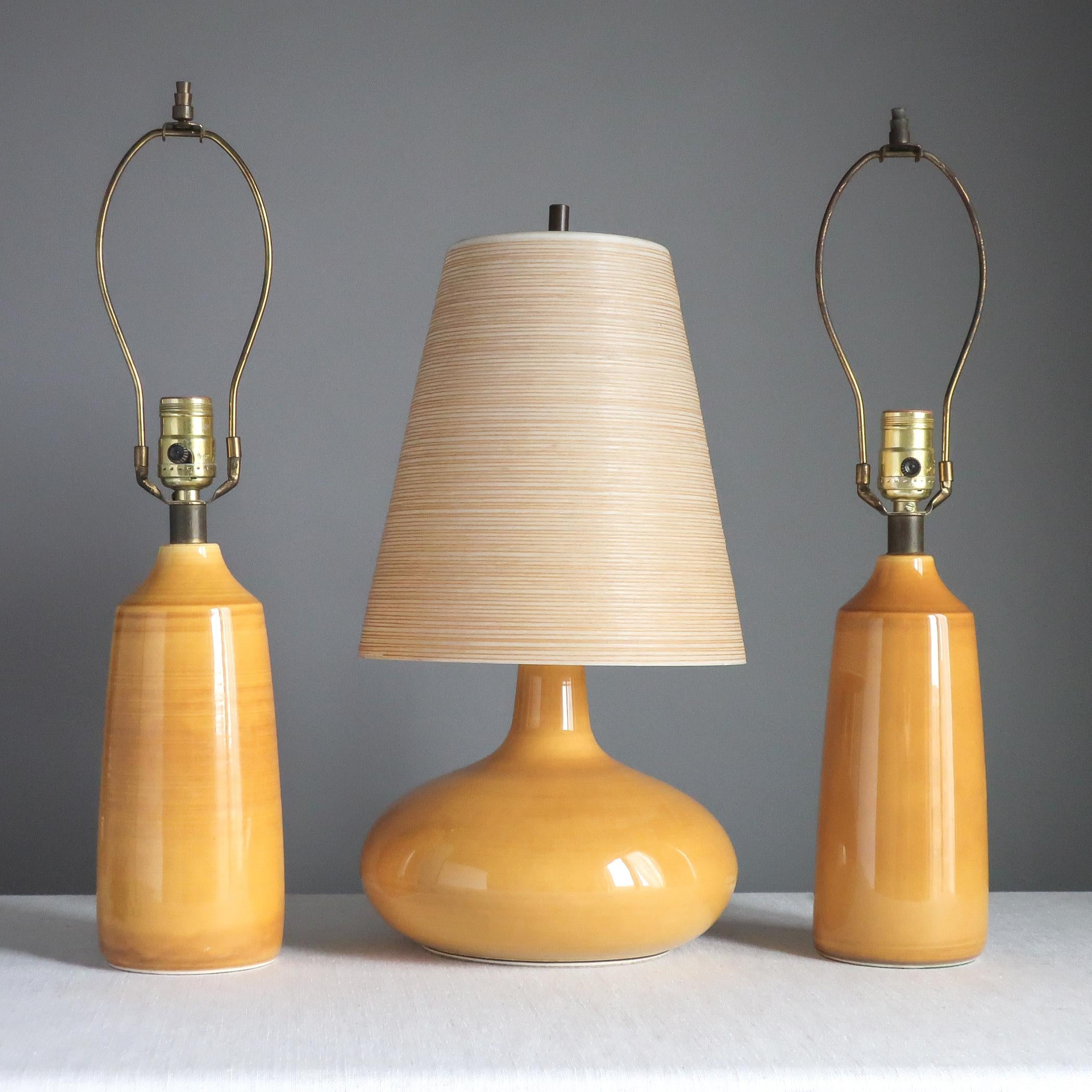 Pair of Bostlund Small Yellow Ceramic Lamps, Danish Modern Stoneware 3