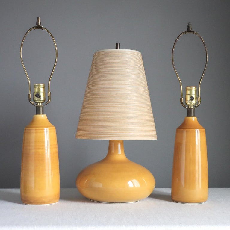 Pair of Bostlund Small Yellow Ceramic Lamps, Danish Modern Stoneware at