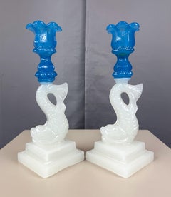 Pair of Boston and Sandwich Glass Co. White & Blue Dolphin Candlesticks, 1840–60
